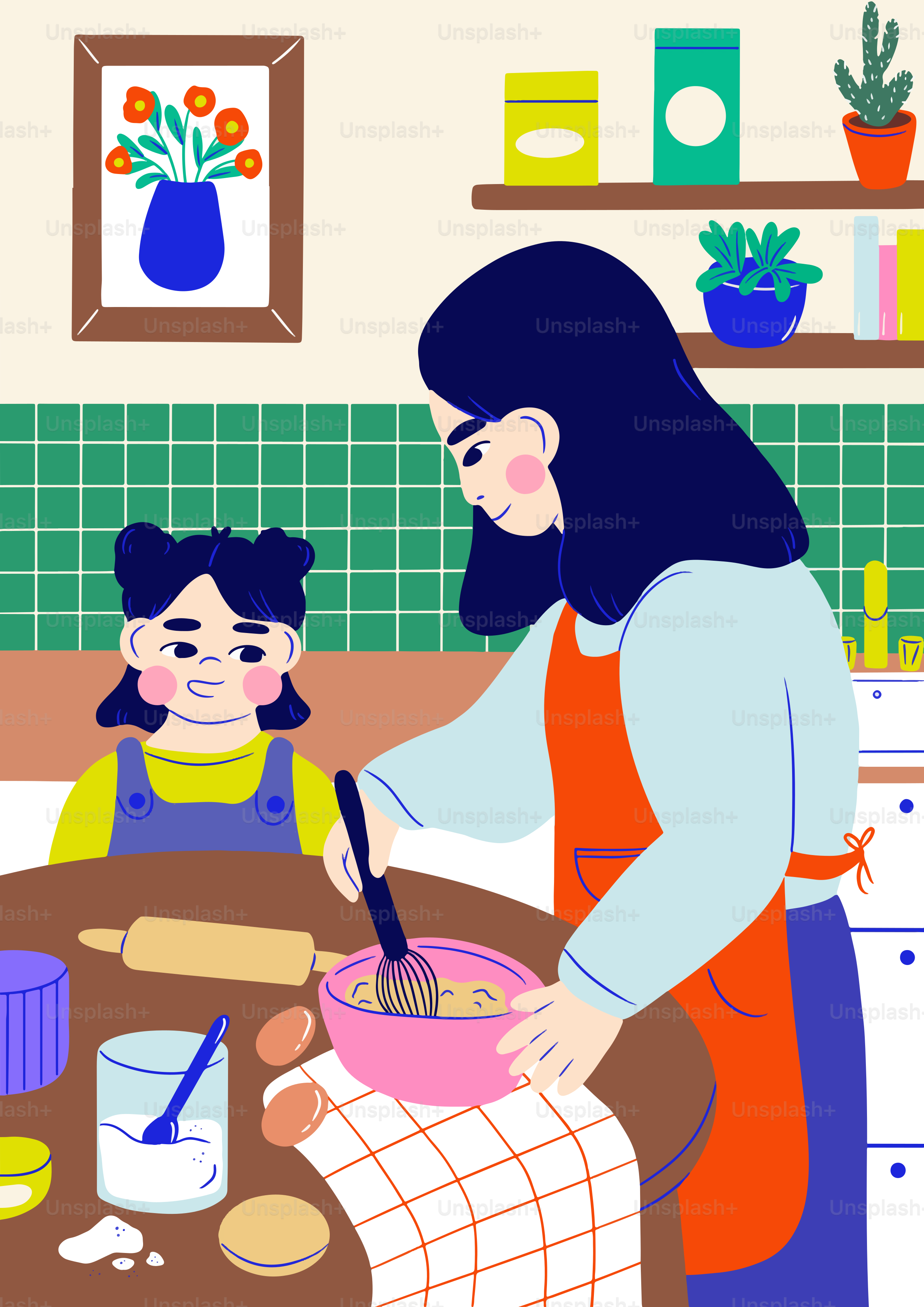 Una mujer y un niño cocinan en la cocina
