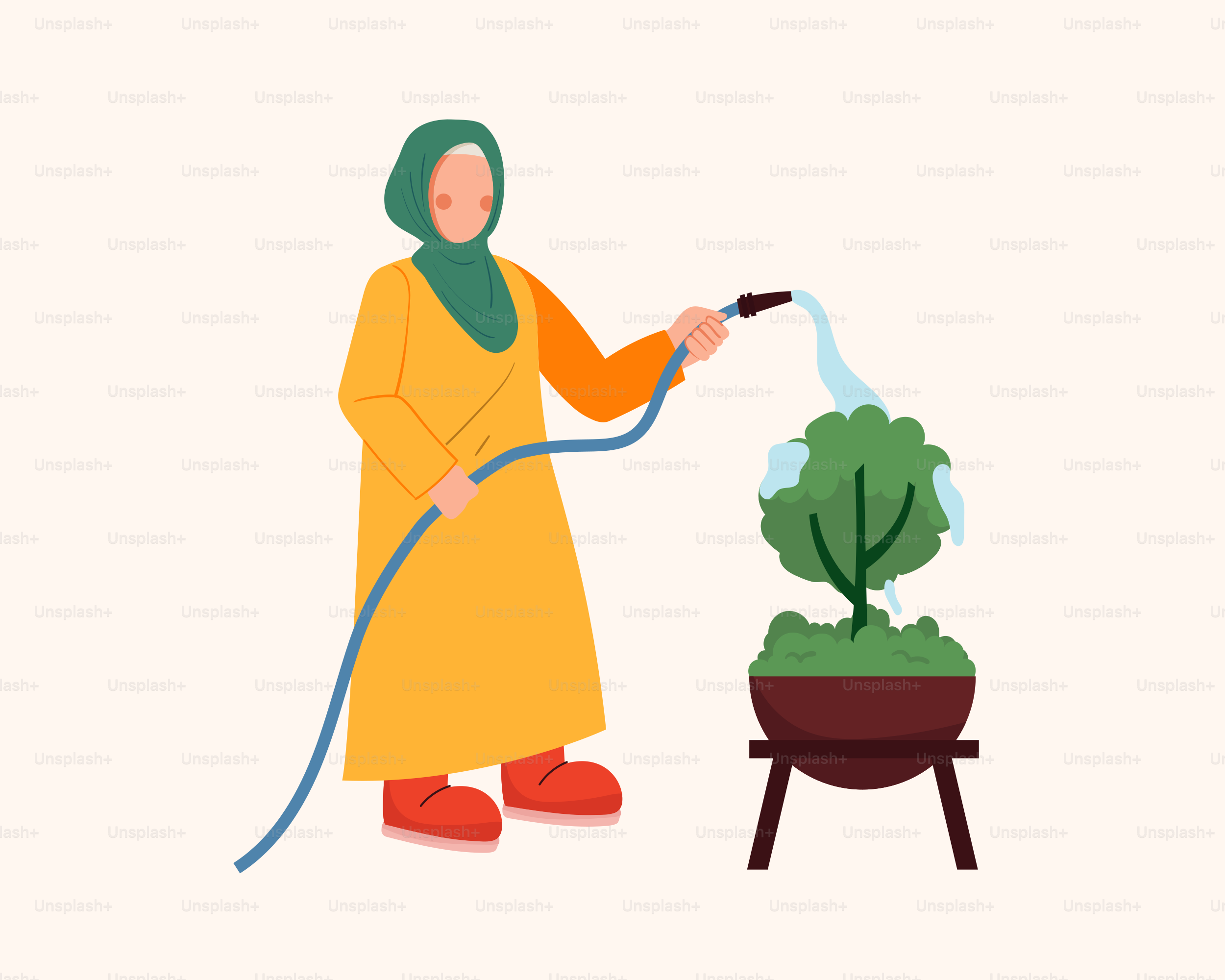 A woman in a yellow robe is using a hose to water a potted plant
