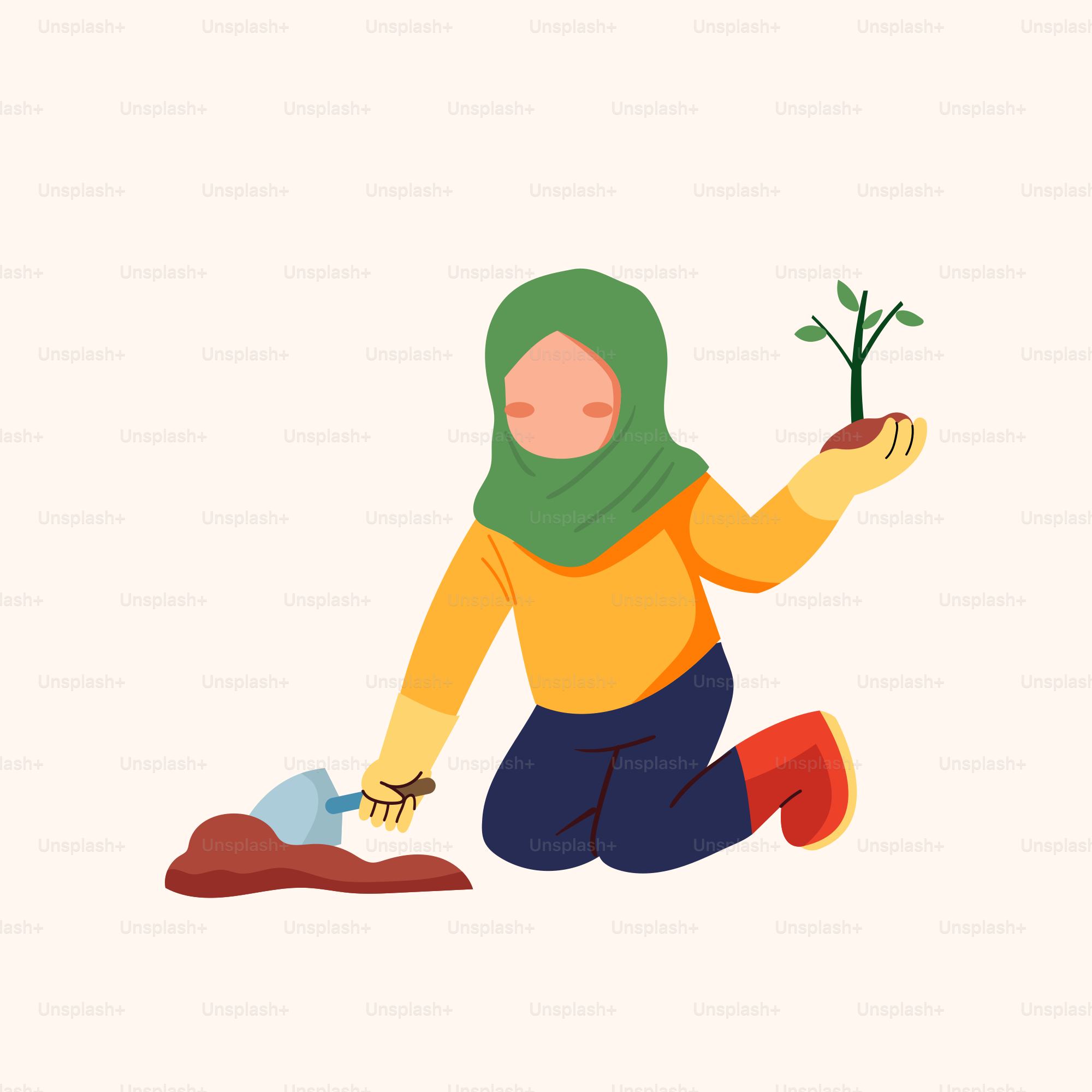 A woman kneeling down with a plant in her hand