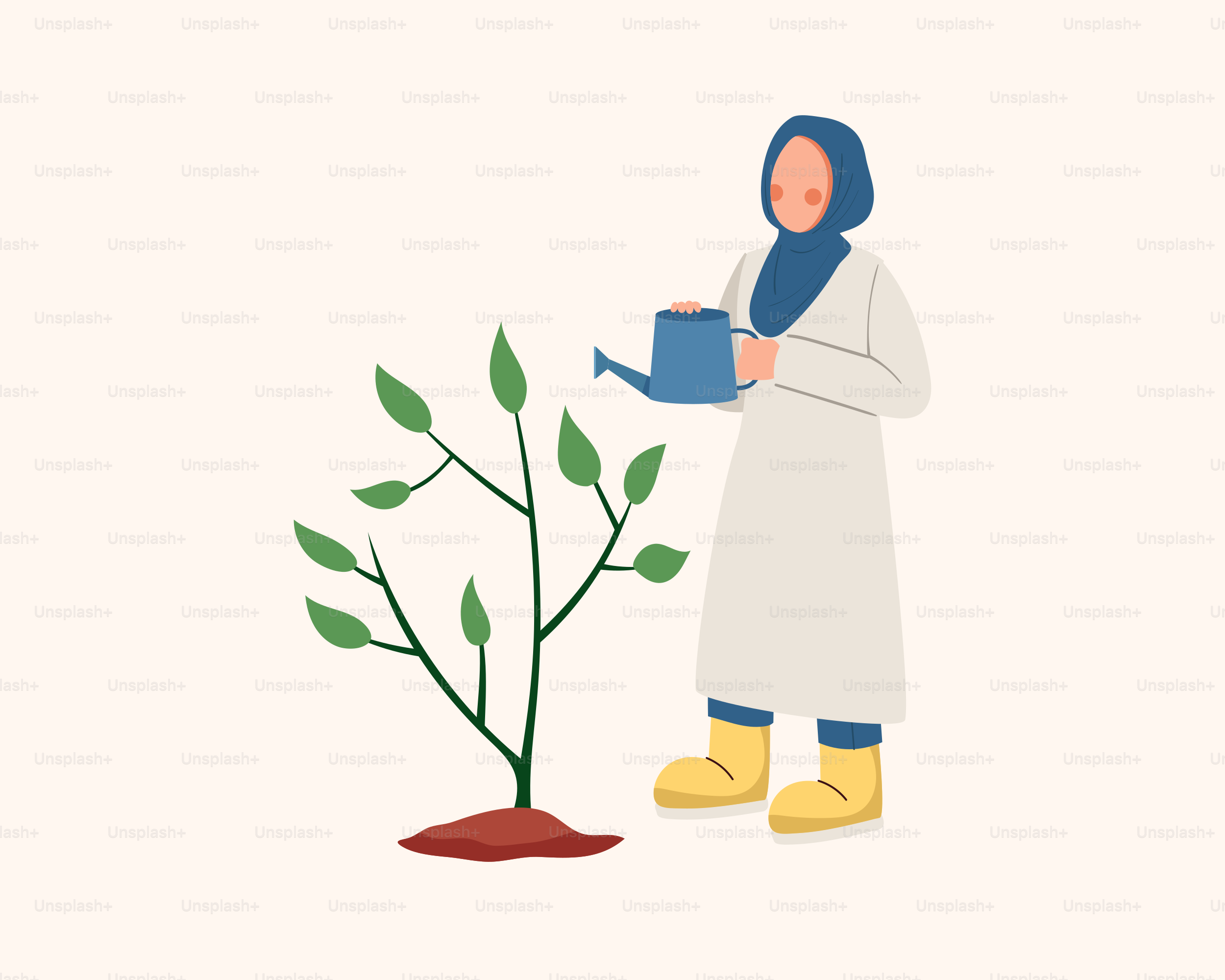 A woman watering a plant with a watering can