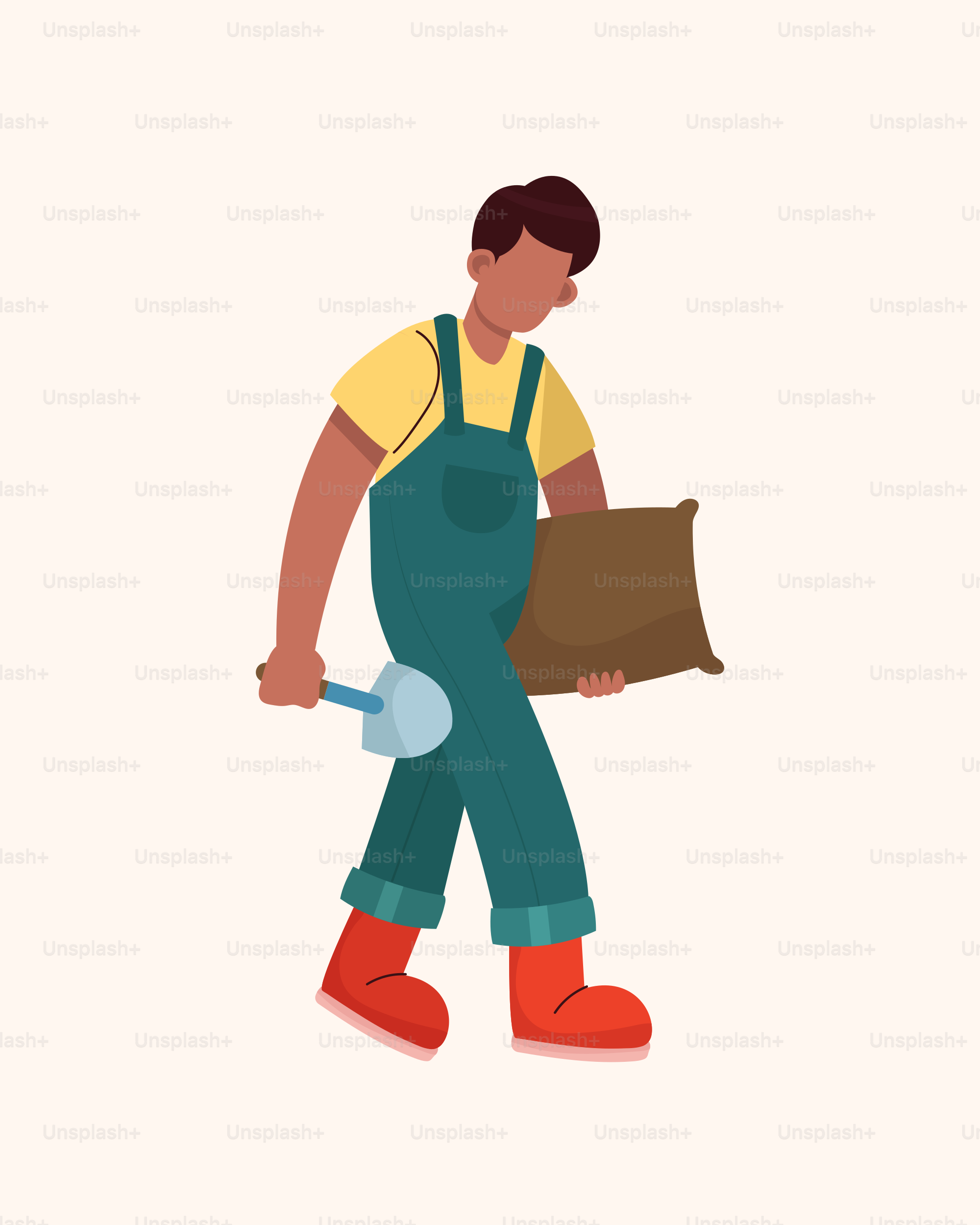 A man in overalls carrying a box and a shovel