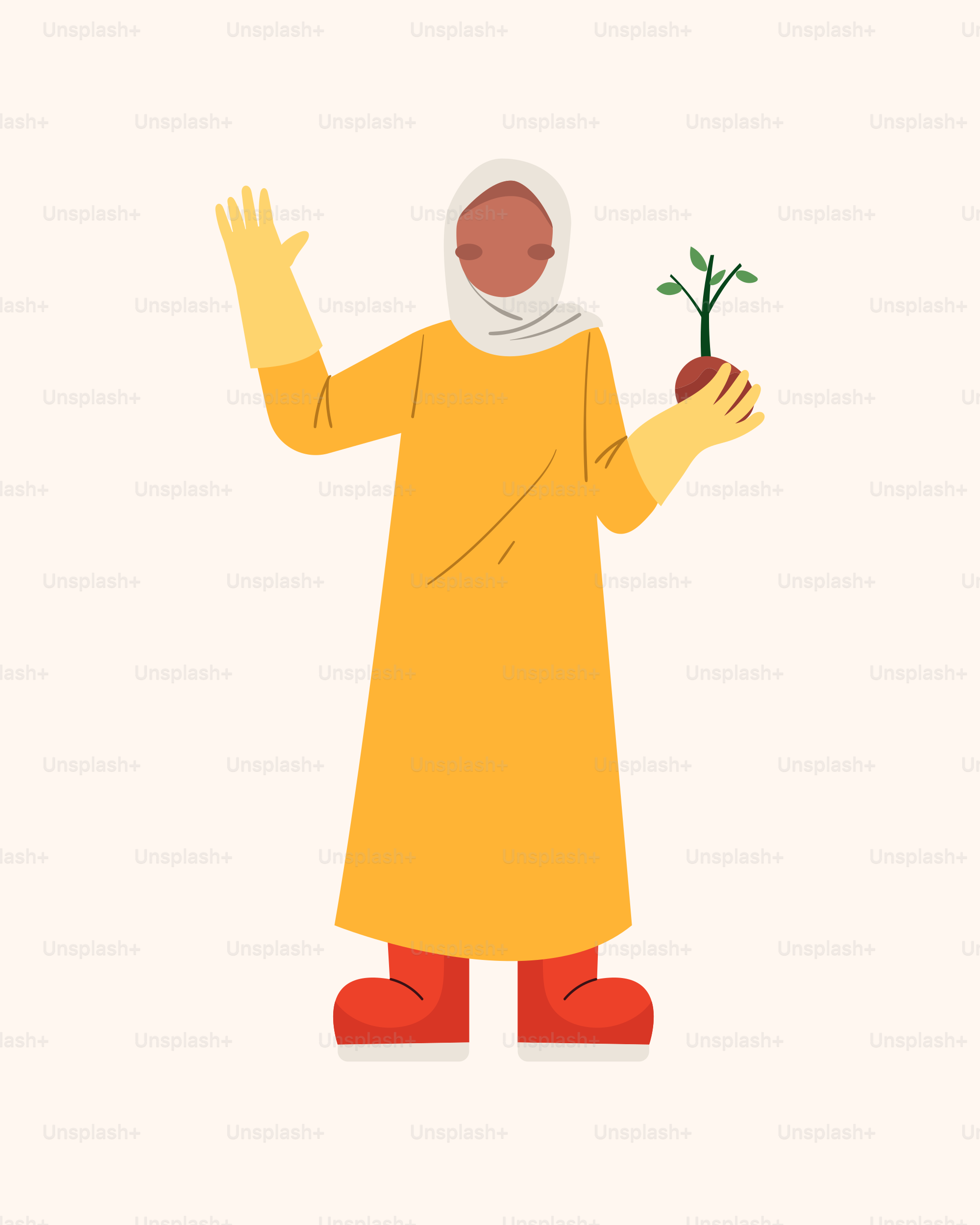 A person in a yellow dress holding a plant