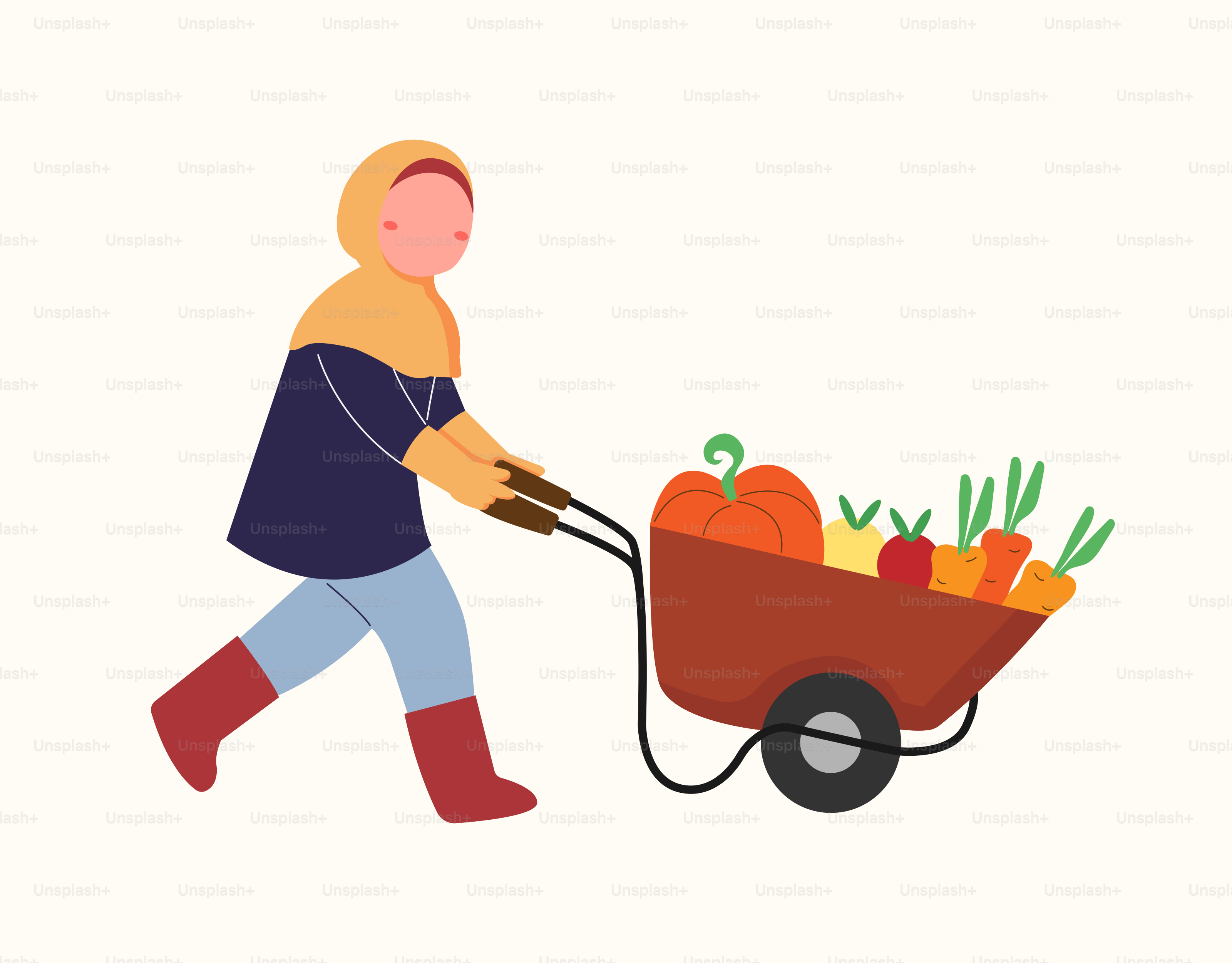 A woman pushing a wheelbarrow filled with vegetables