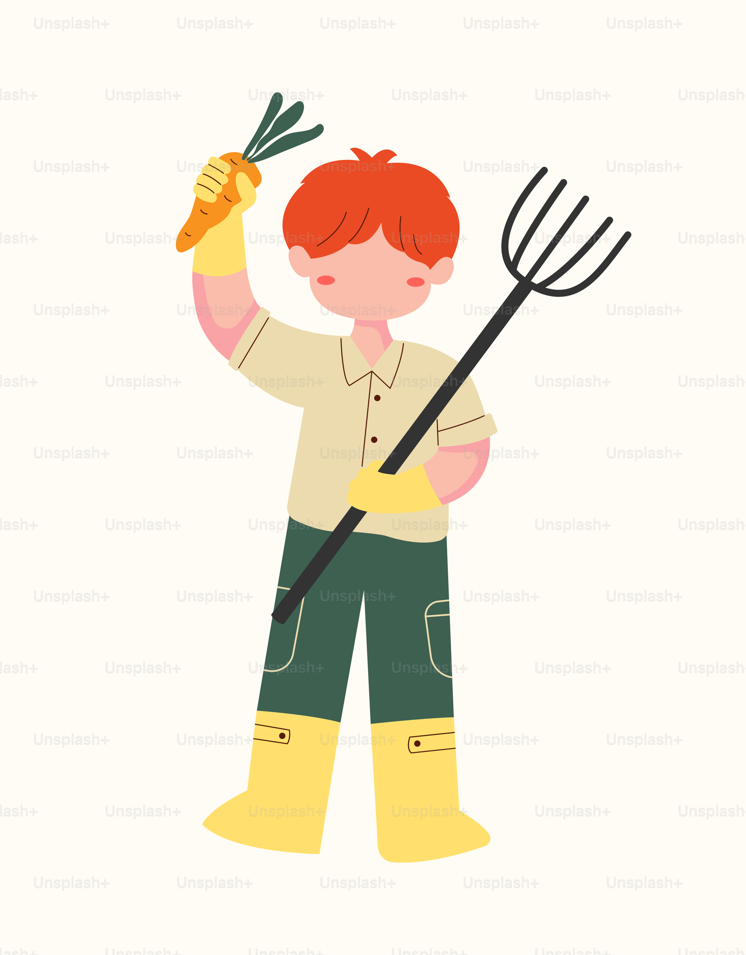 A boy holding a carrot and a pitchfork