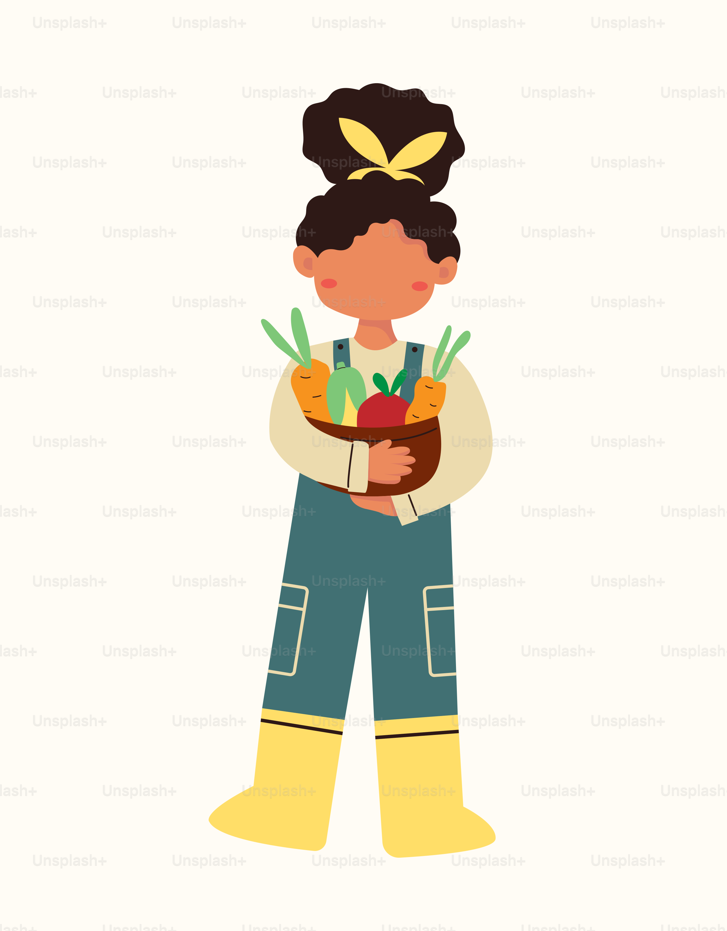 A woman in overalls holding a basket of food