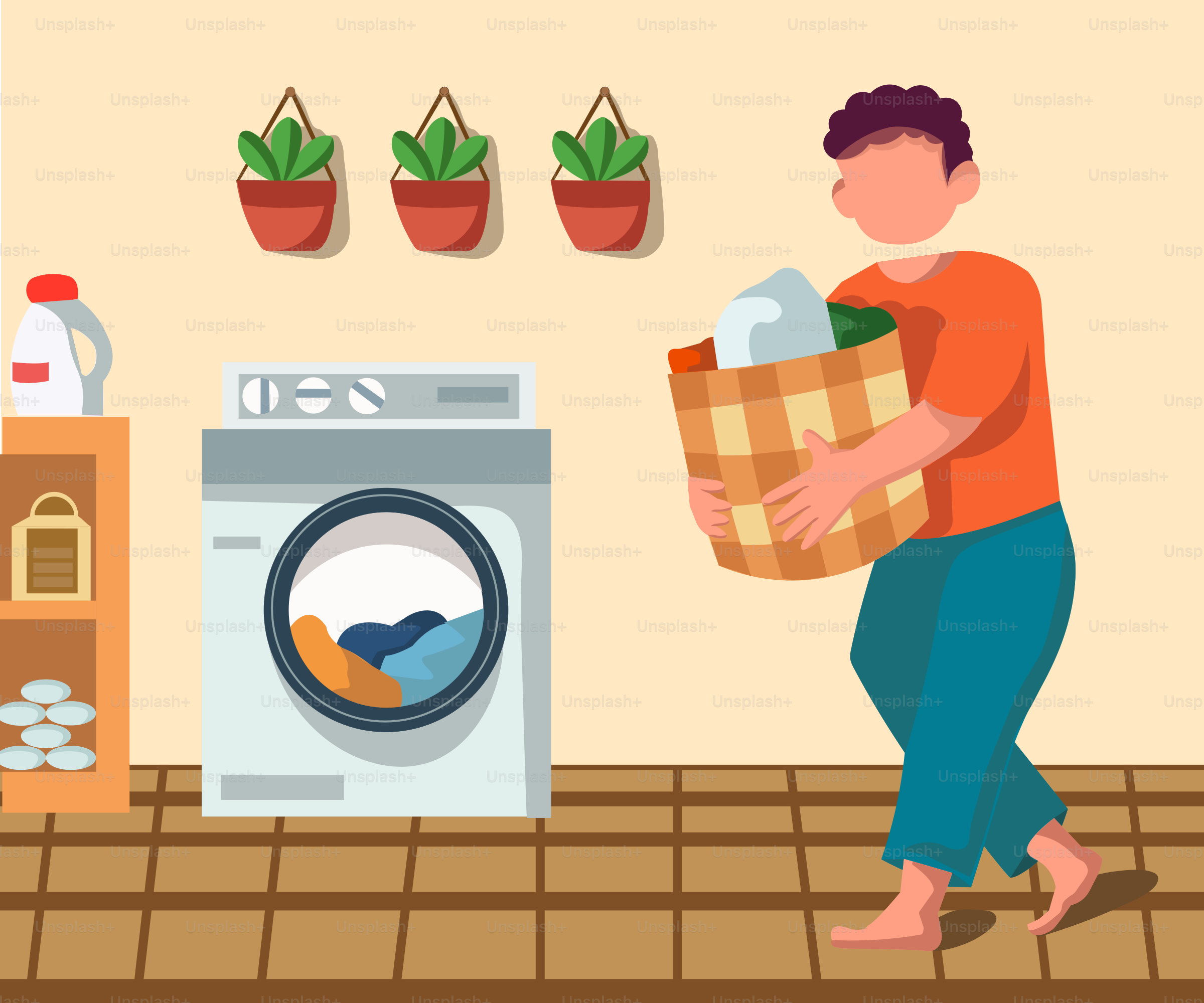 A man carrying a box of items in front of a washing machine