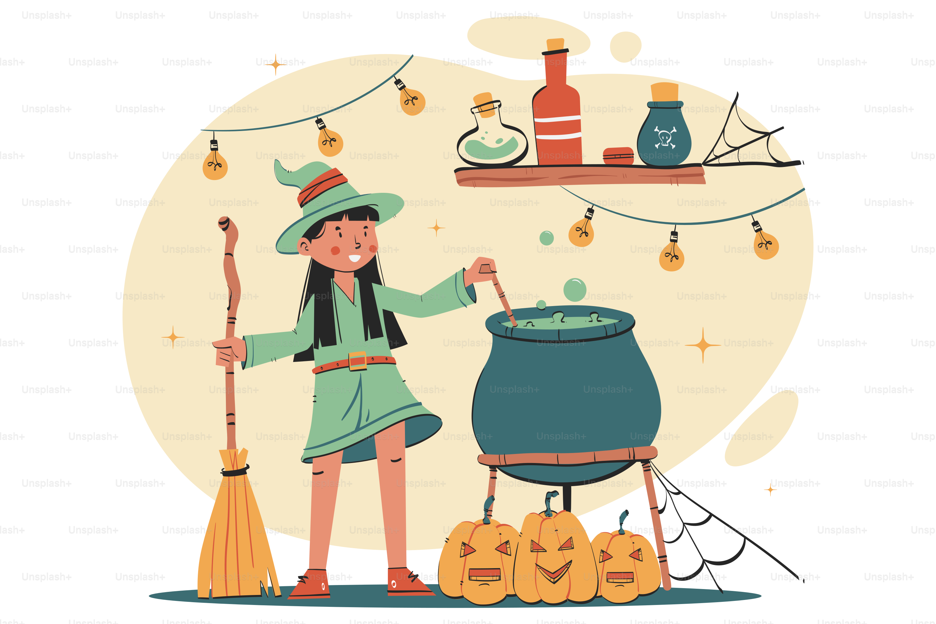 Ein Mädchen in einem Hexenkostüm kocht einen Topf