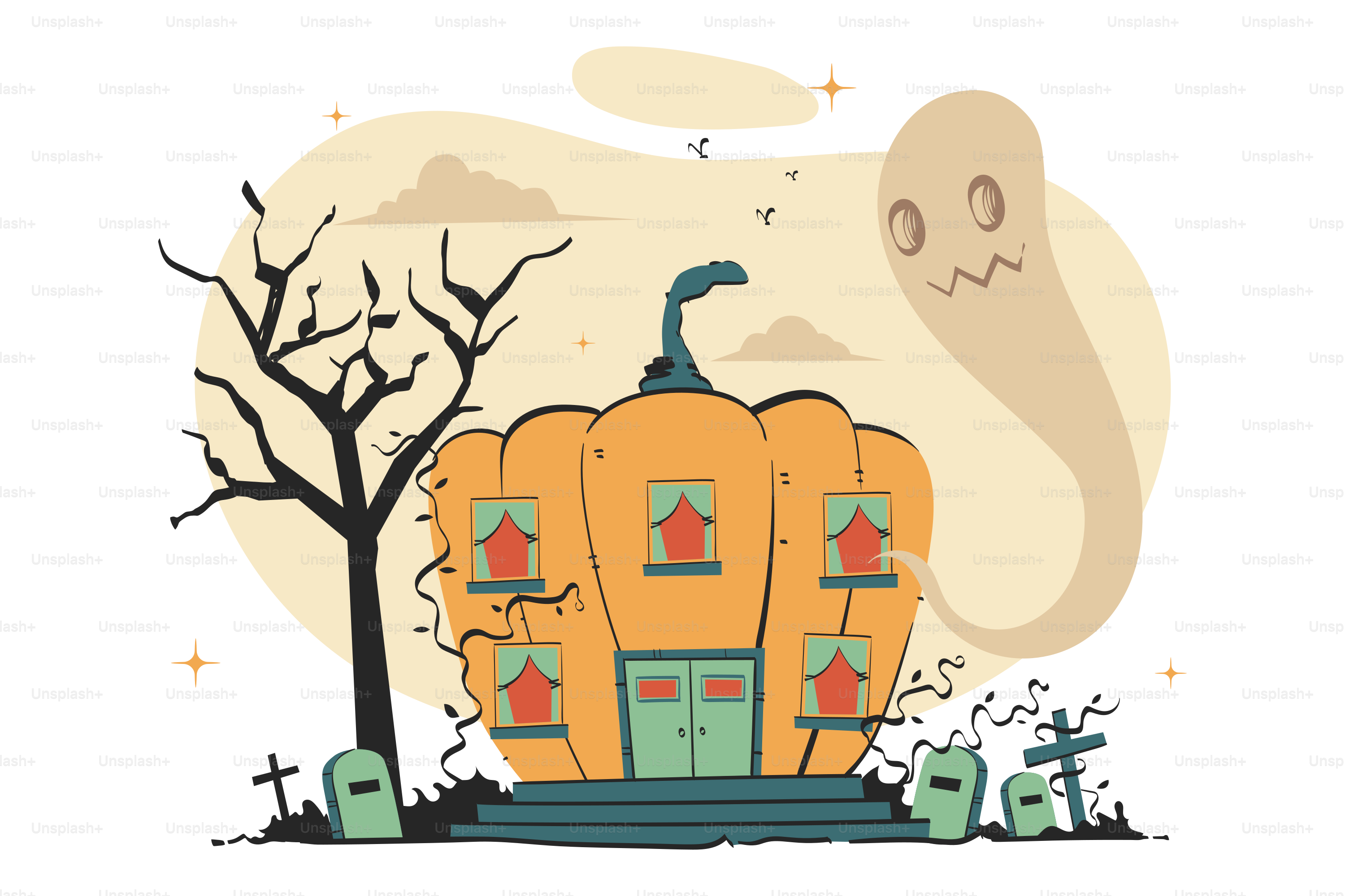 Ein Kürbishaus mit einem Geist, aus dem ein Geist kommt