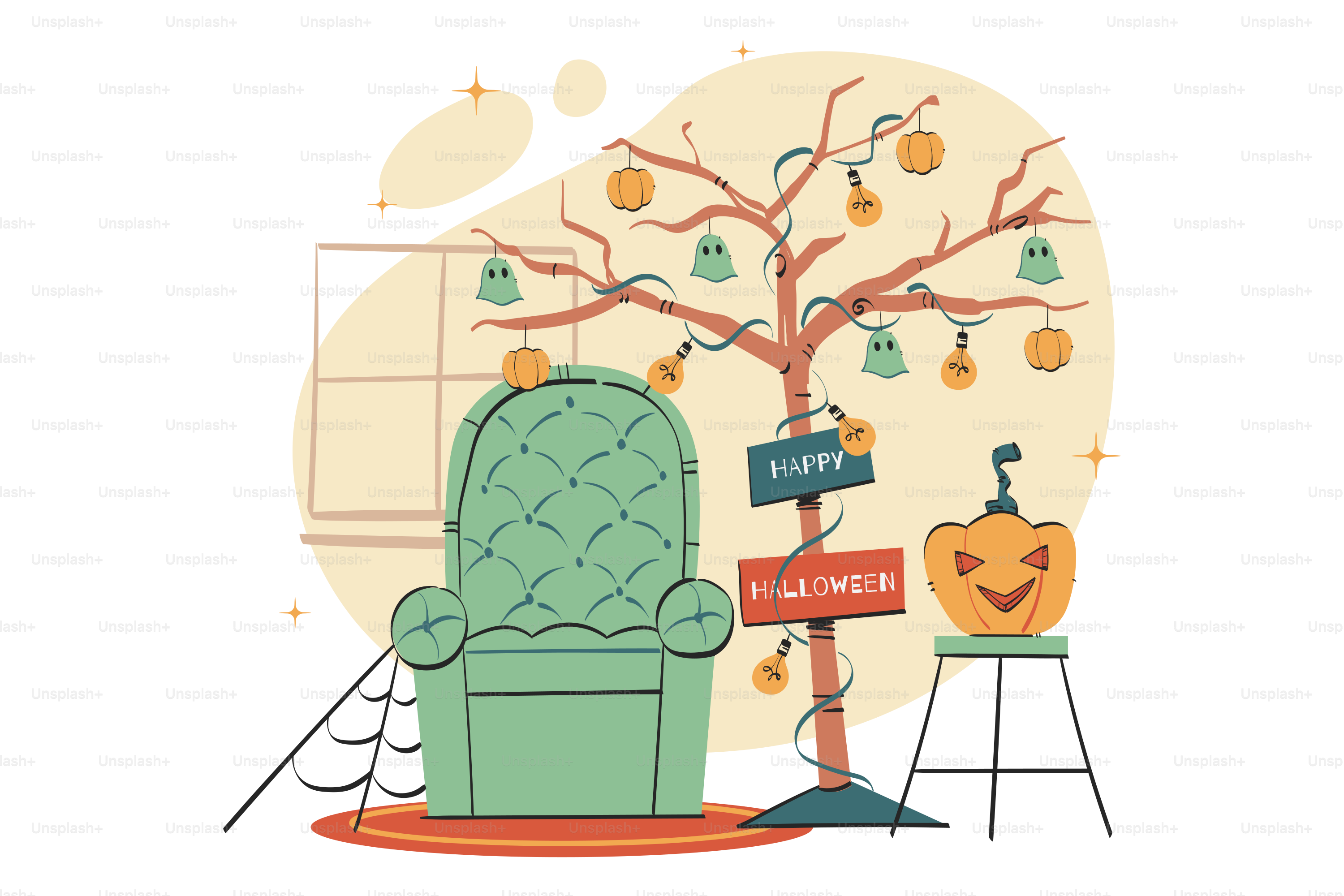 A green chair sitting in front of a halloween tree