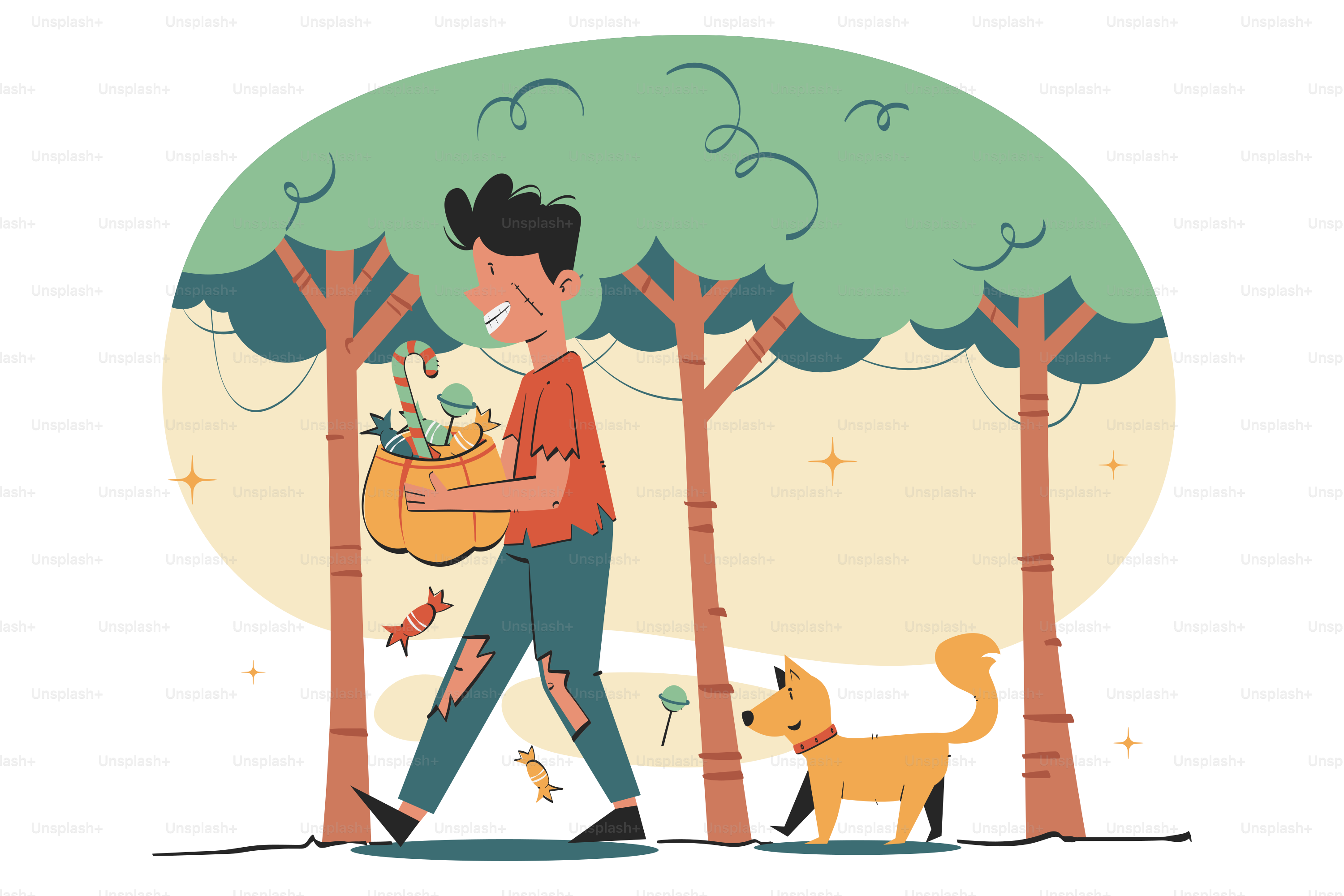 Une personne promenant un chien dans les bois