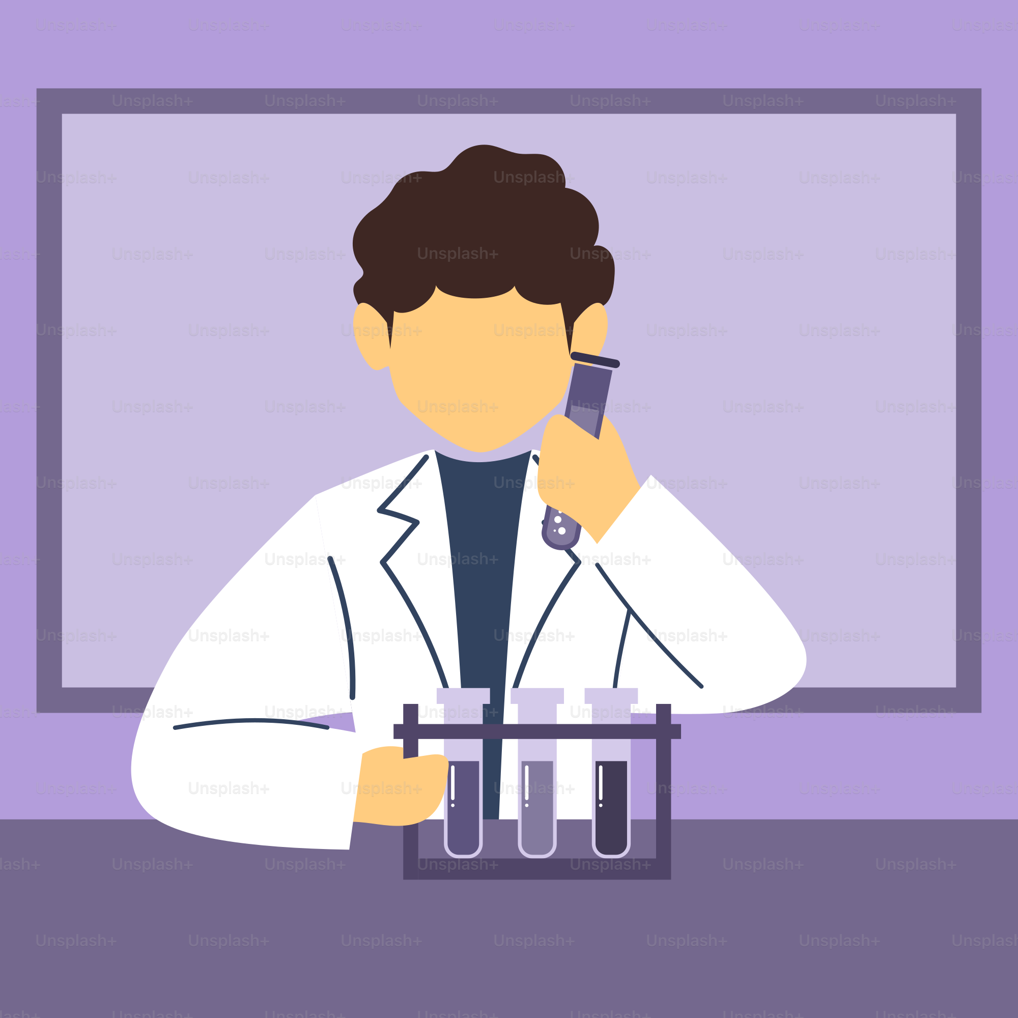 A man in a lab coat talking on a cell phone