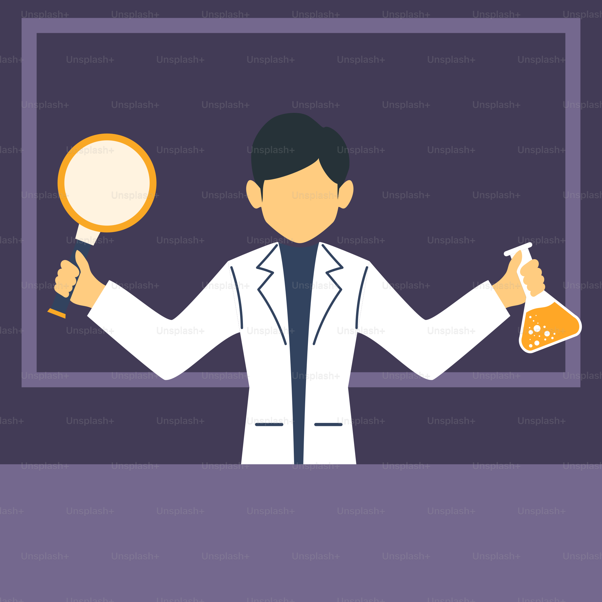 A man in a lab coat holding a beakle and a flask