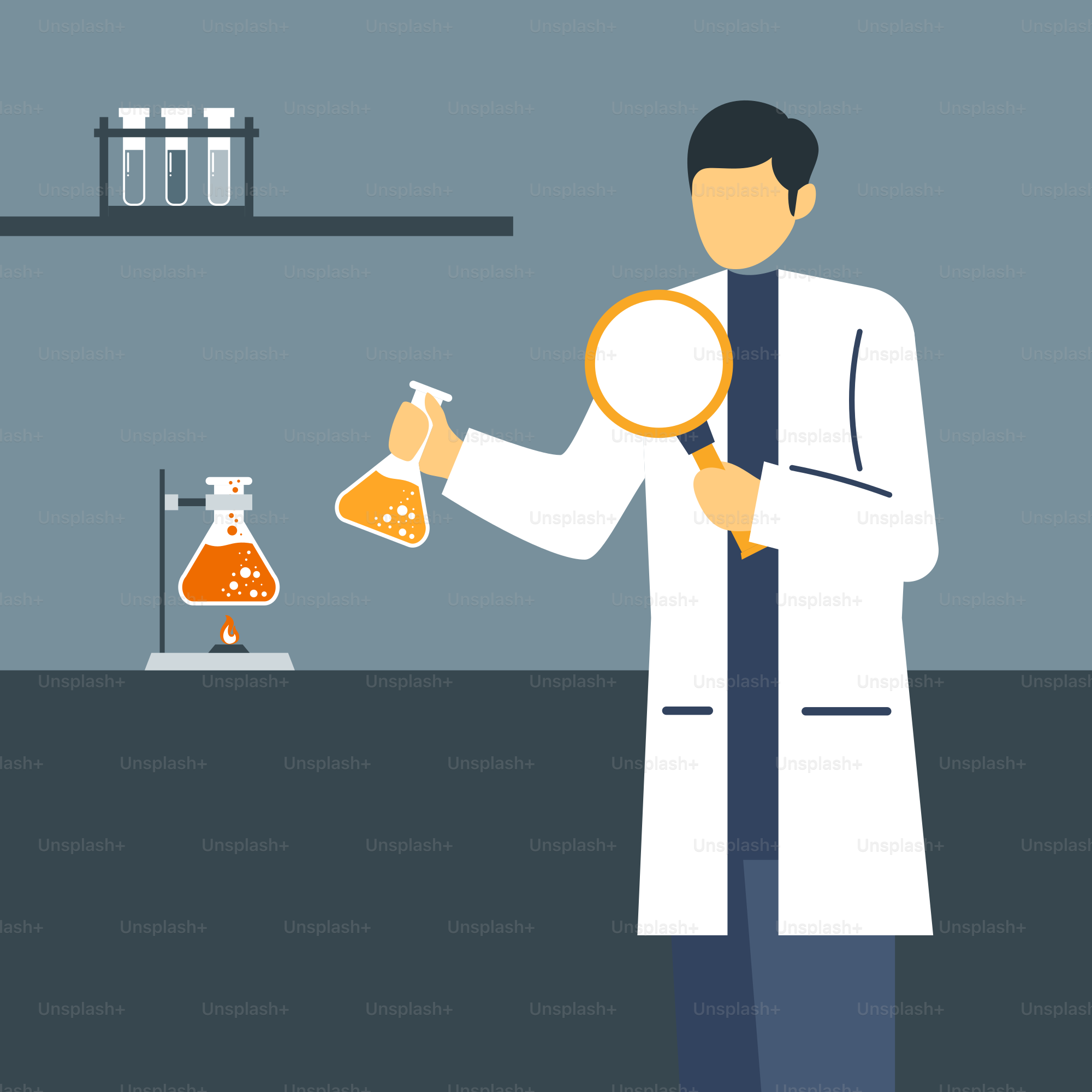 A man in a lab coat holding a magnifying glass