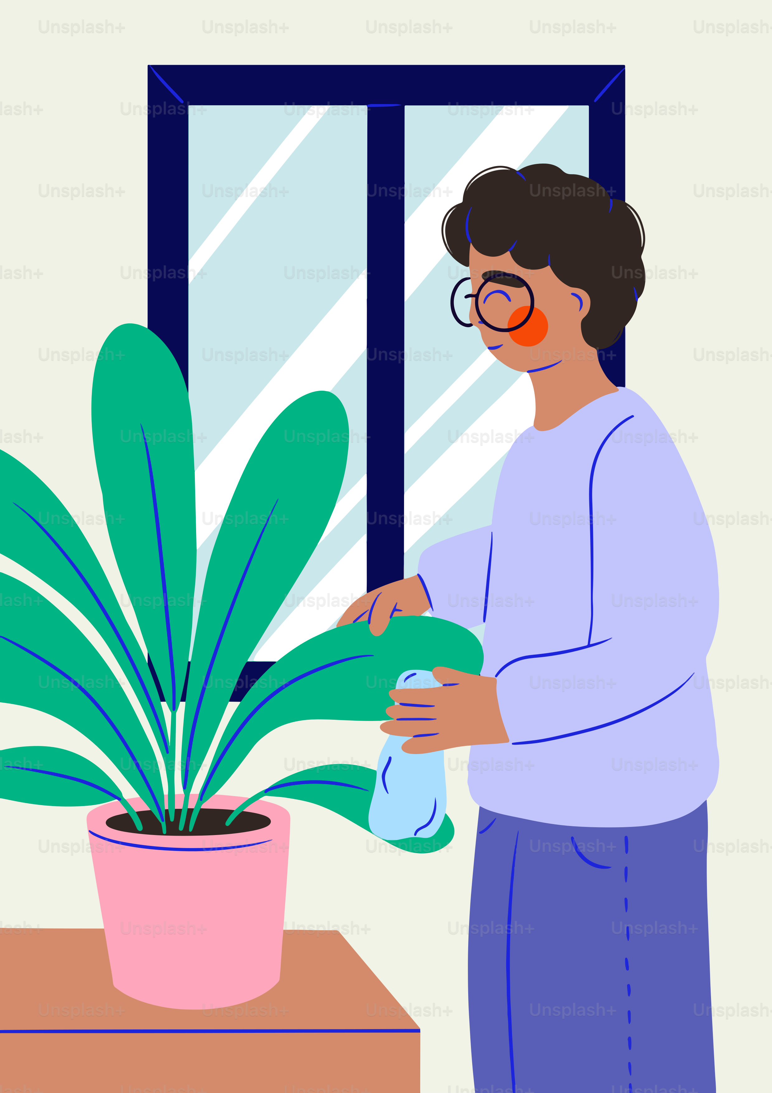 A woman watering a potted plant on a table