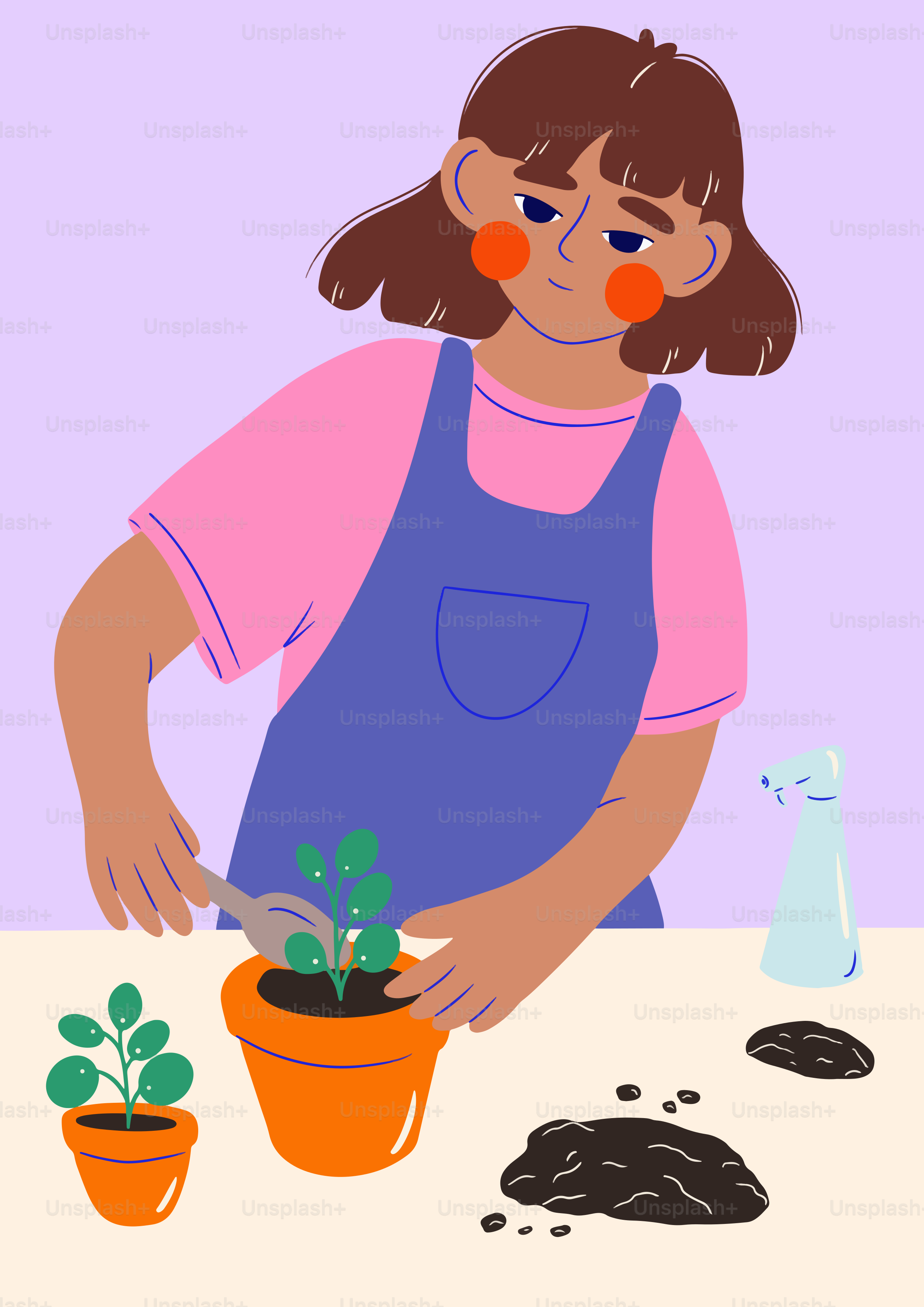 A little girl that is standing in front of a potted plant