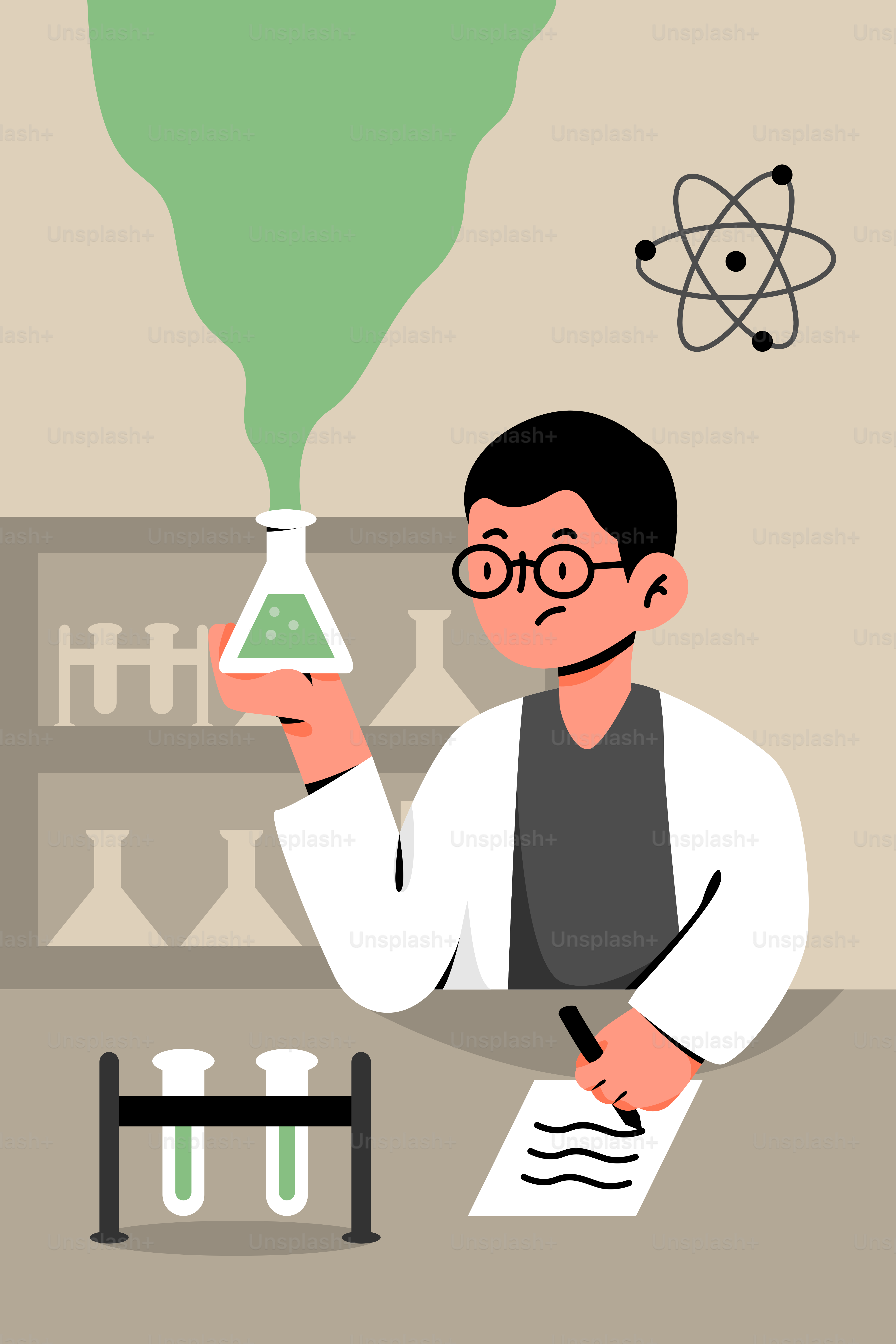 A man holding a flask with a green substance in it