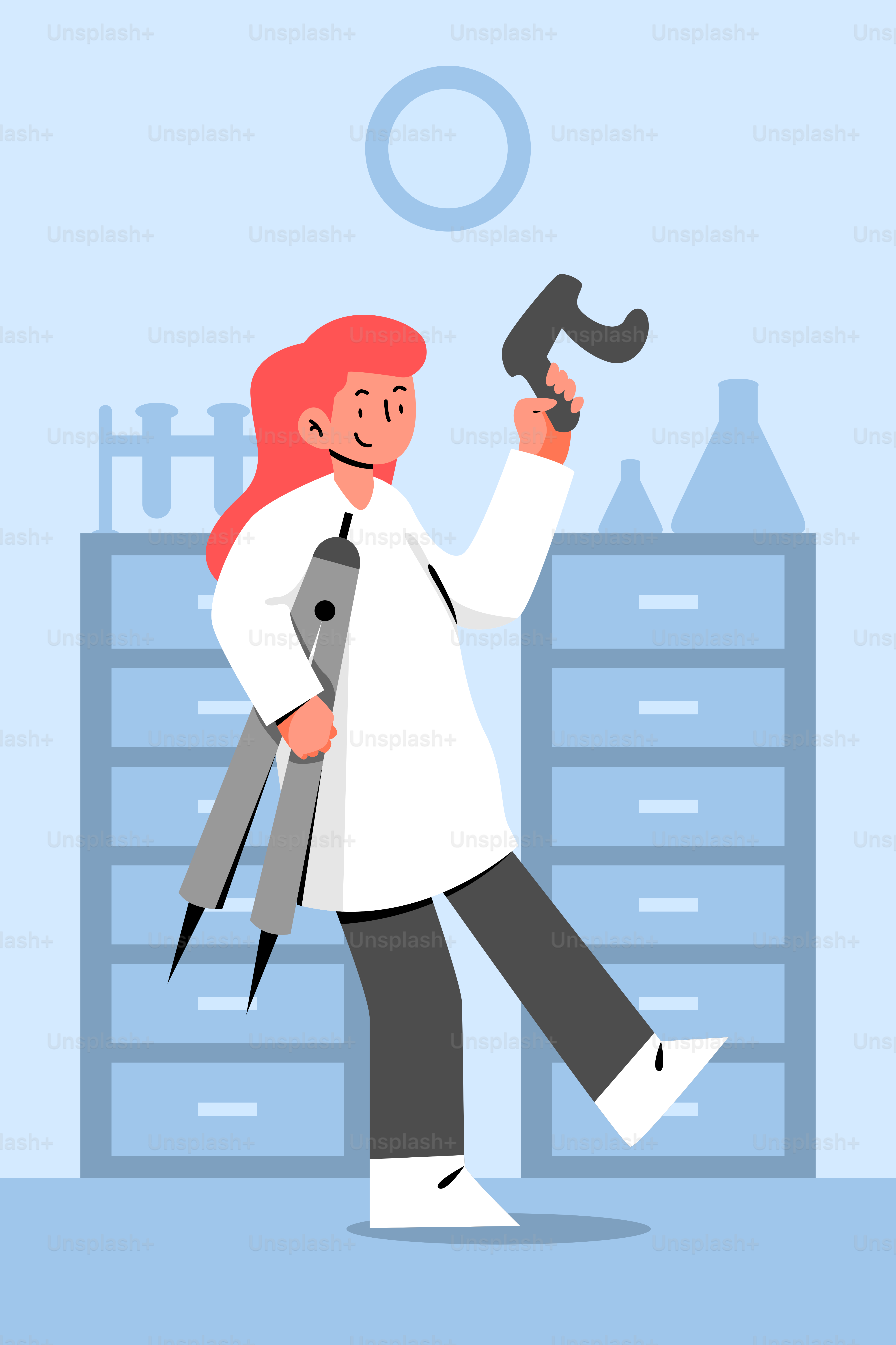 A woman in a white coat is holding a hammer
