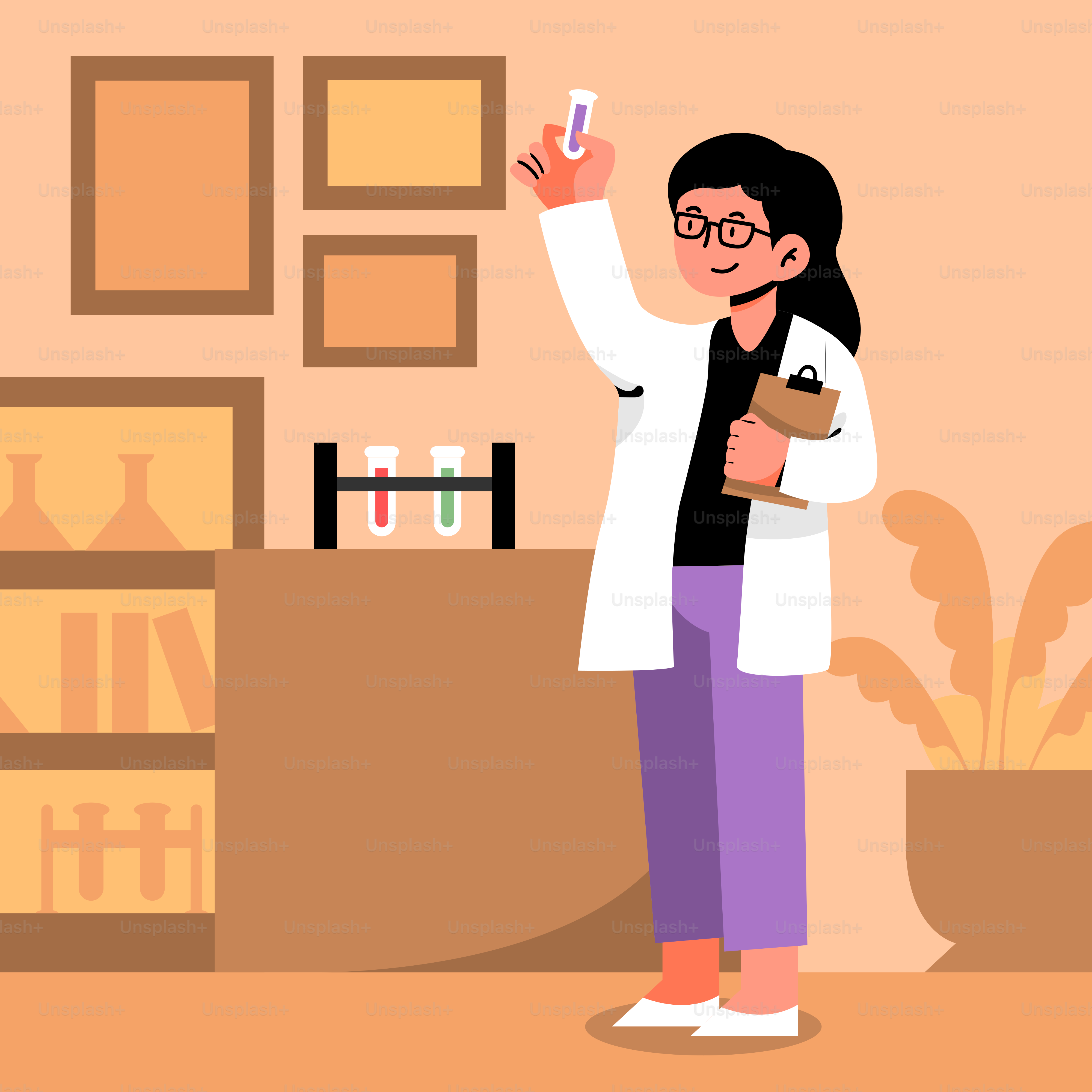 A woman in a lab coat is holding a cell phone