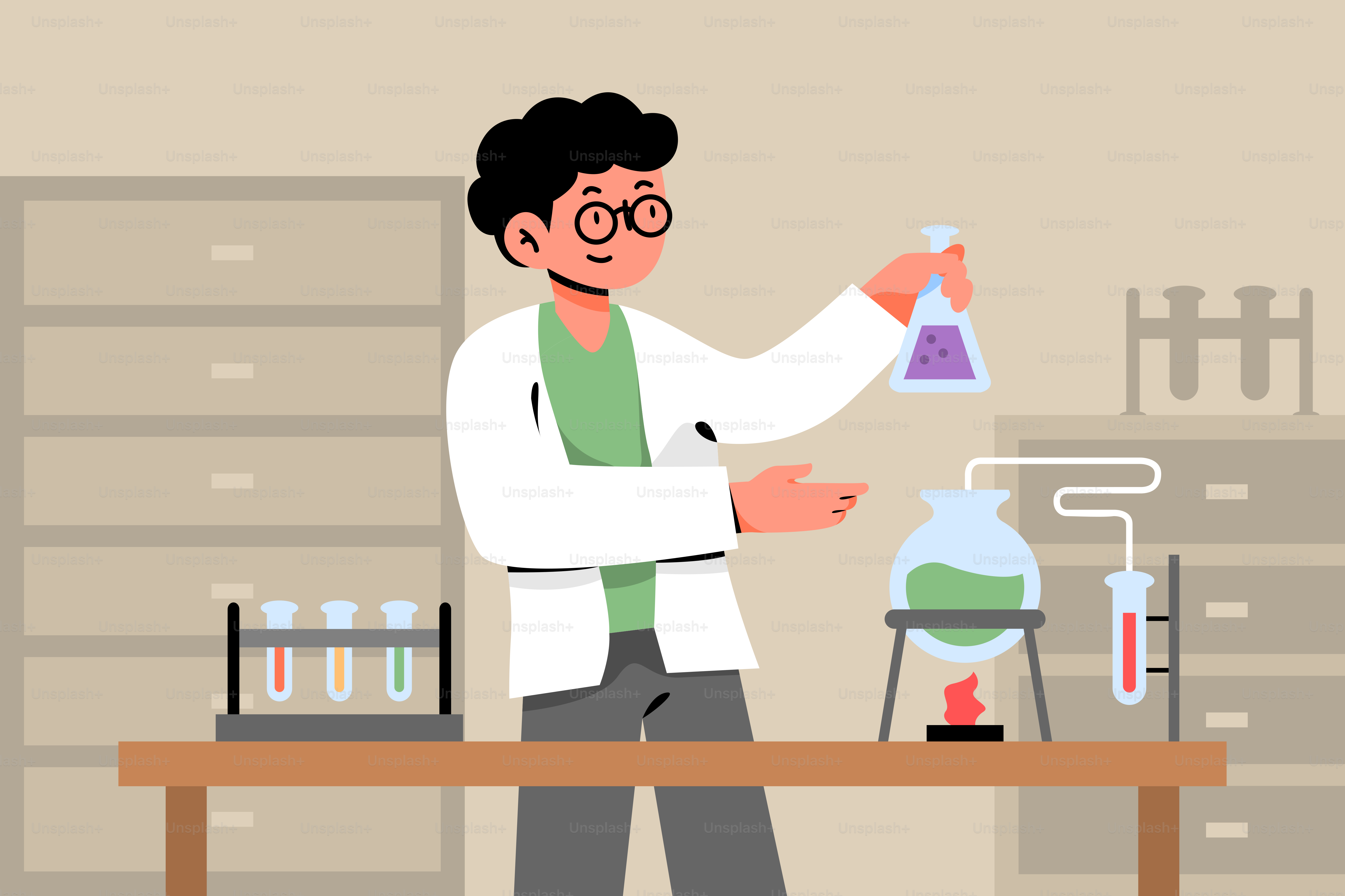 A man in a lab coat holding a flask