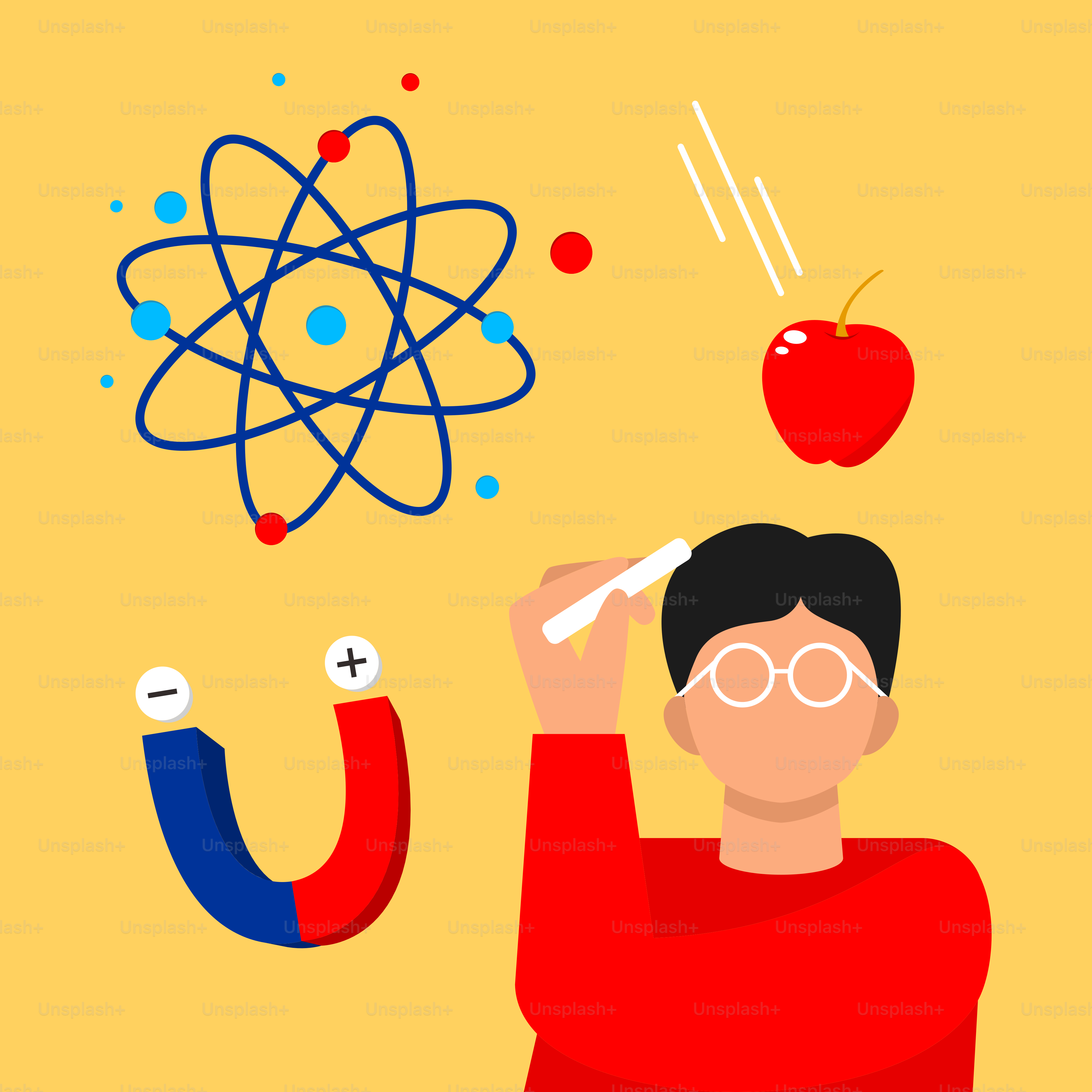 A man in a red shirt is holding a pencil and an apple