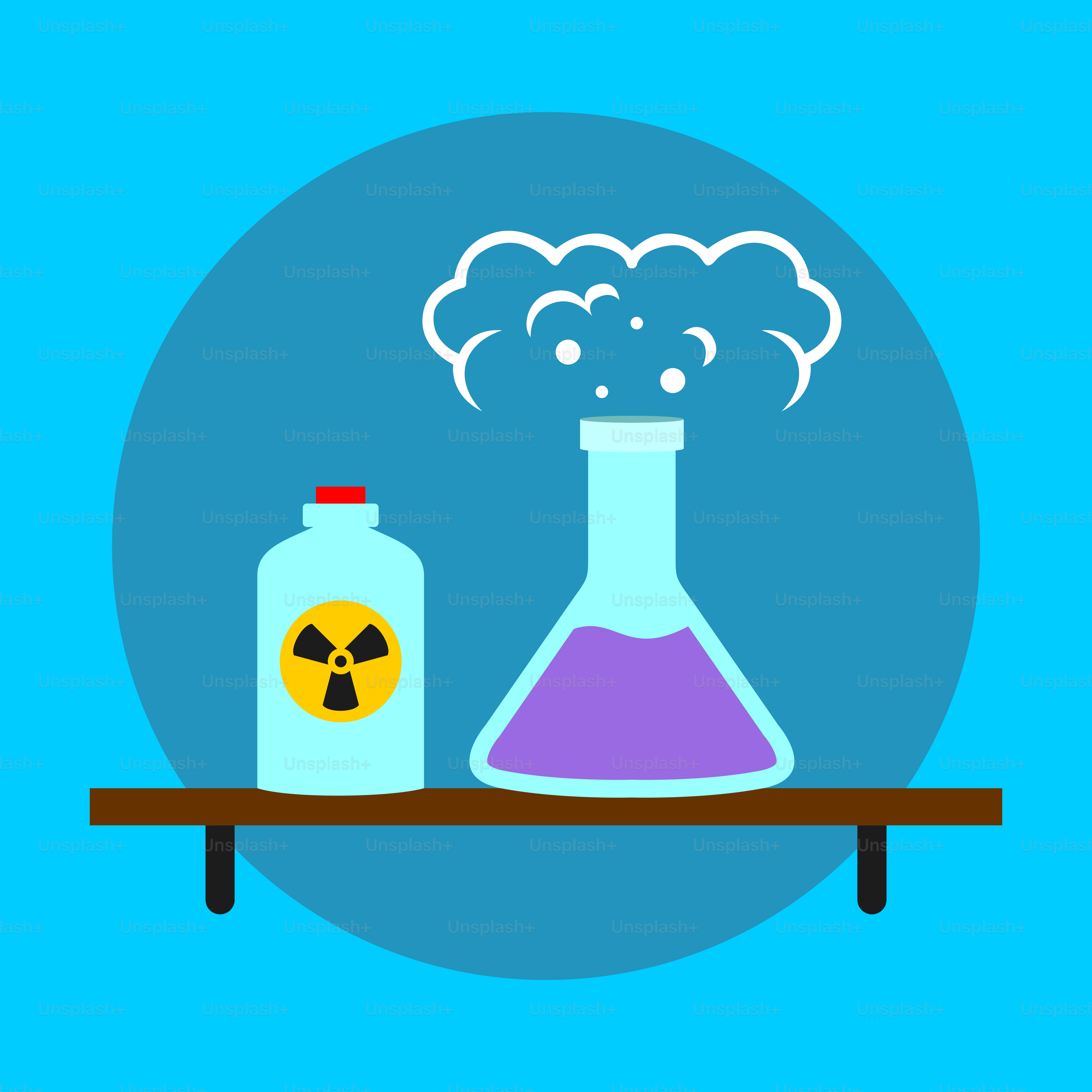 A blue background with a picture of a bottle and a flask