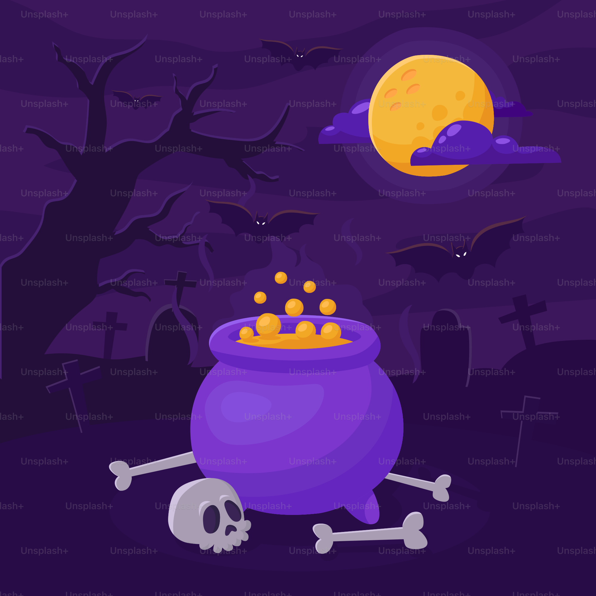 A purple cauldster with skulls and bones in front of a full moon