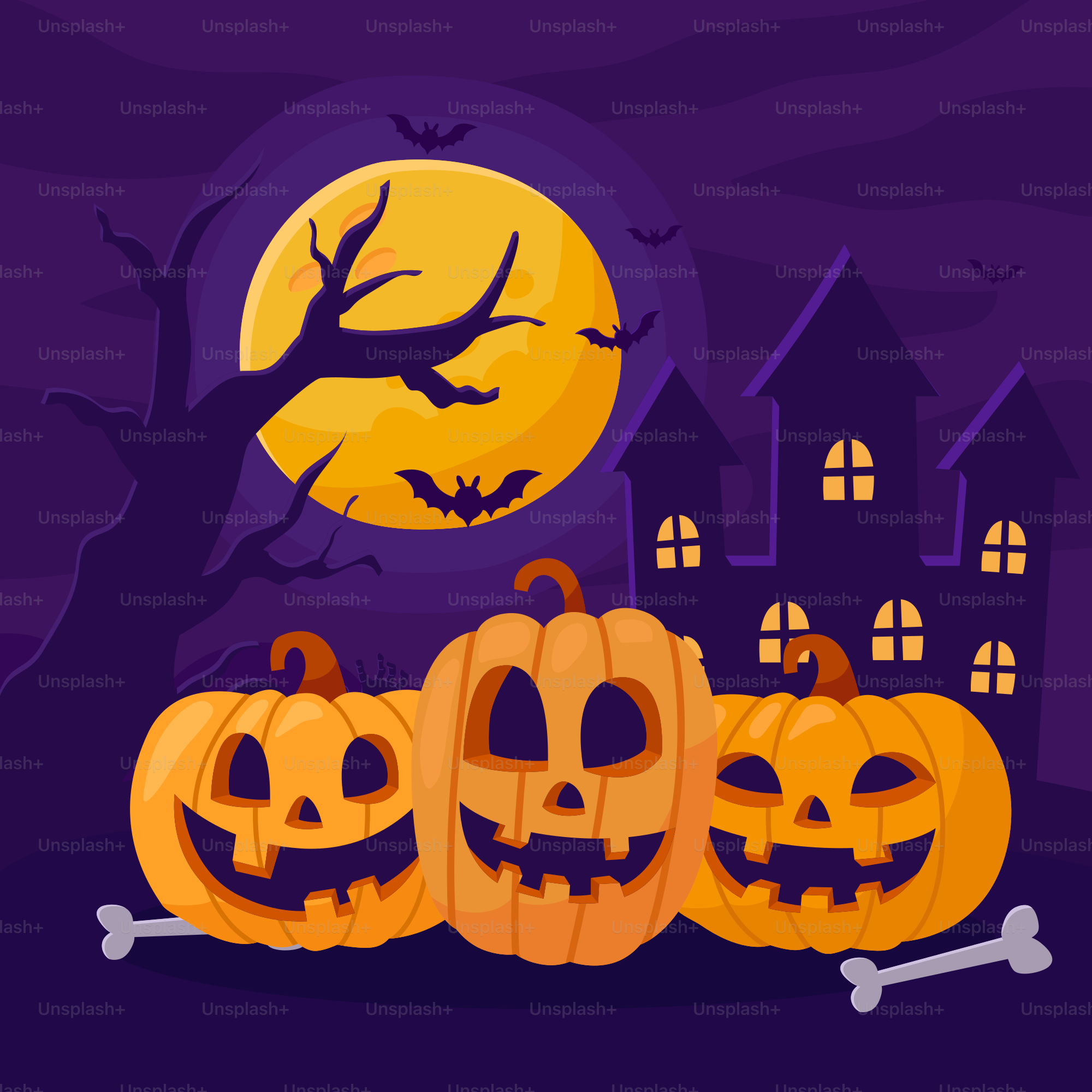 Eine Gruppe von Kürbissen mit Jack-o-Laterne vor Vollmond