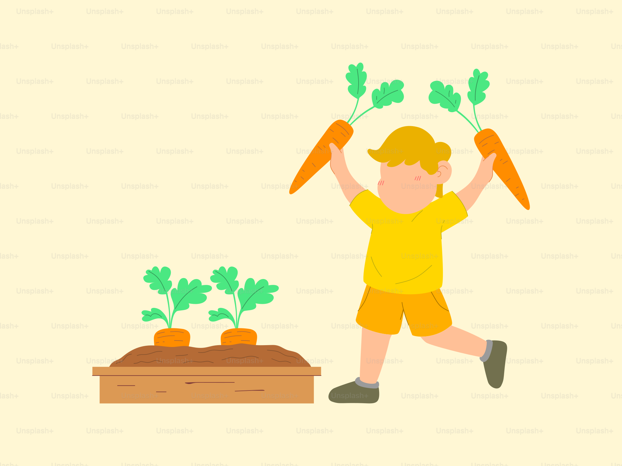 A little boy holding carrots over a box of carrots