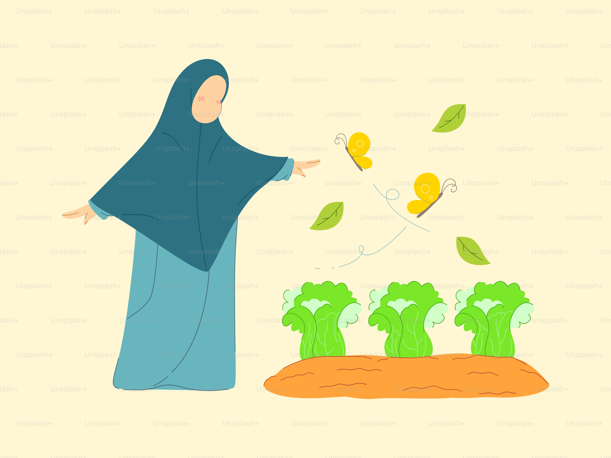 Eine Frau in einem blauen Gewand wirft Blätter