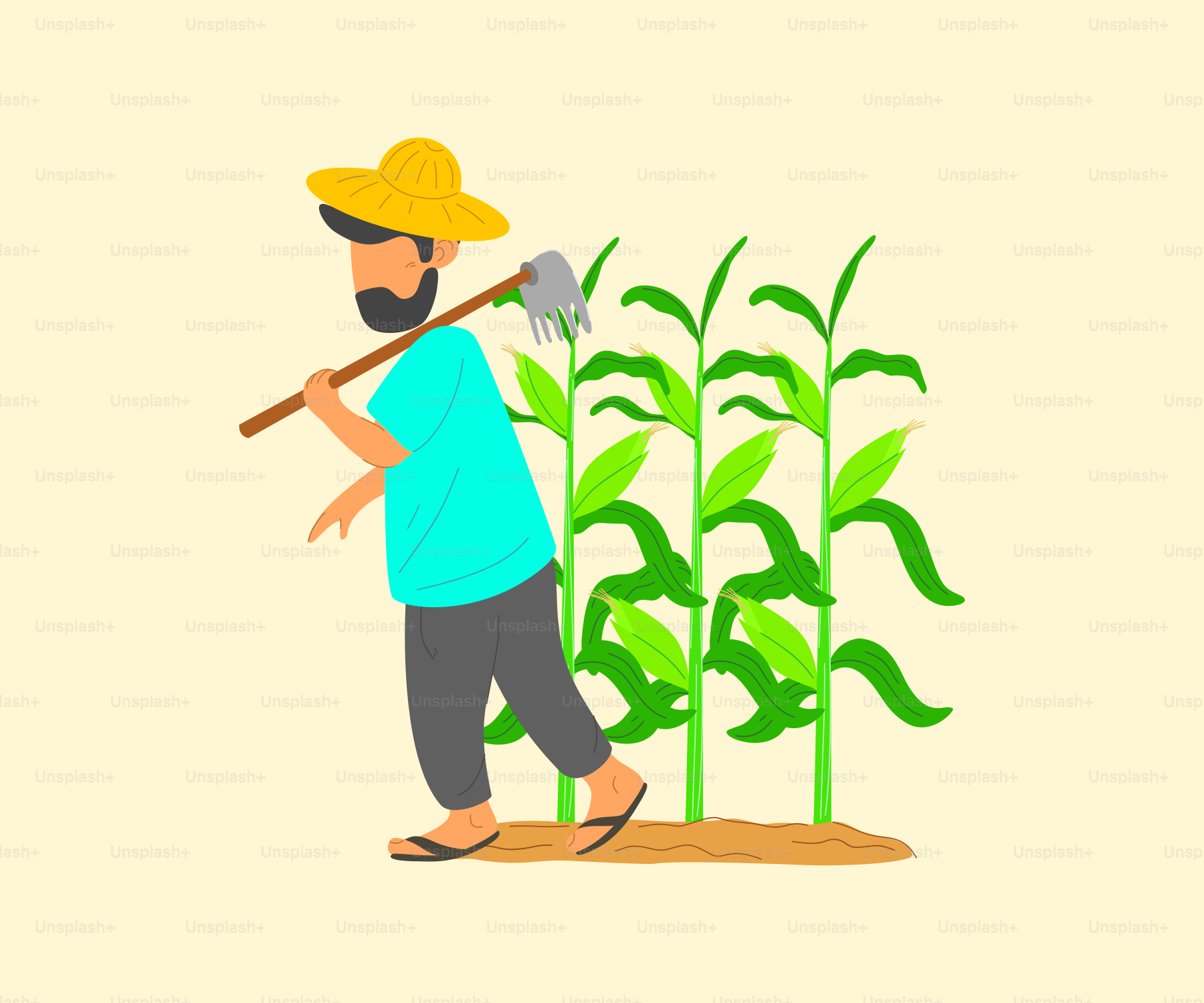 Ein Mann mit einer Schaufel steht vor einem Maisfeld