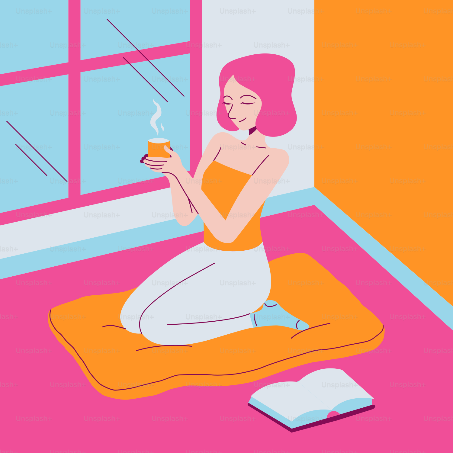 A woman sitting on the floor in front of a window