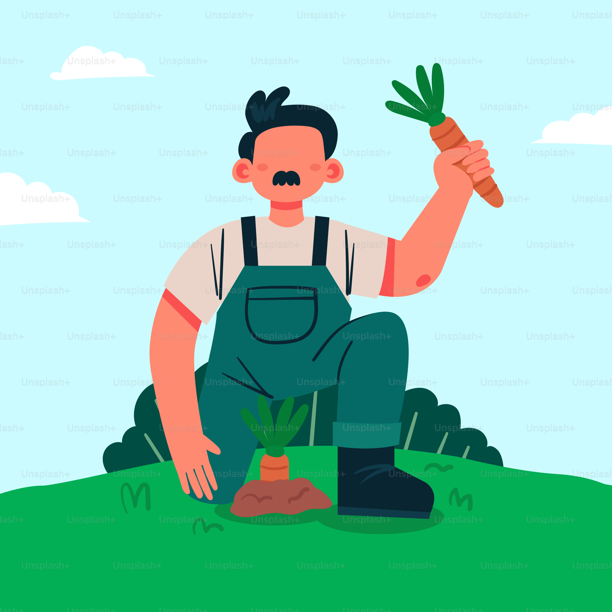 A man kneeling down holding up a carrot