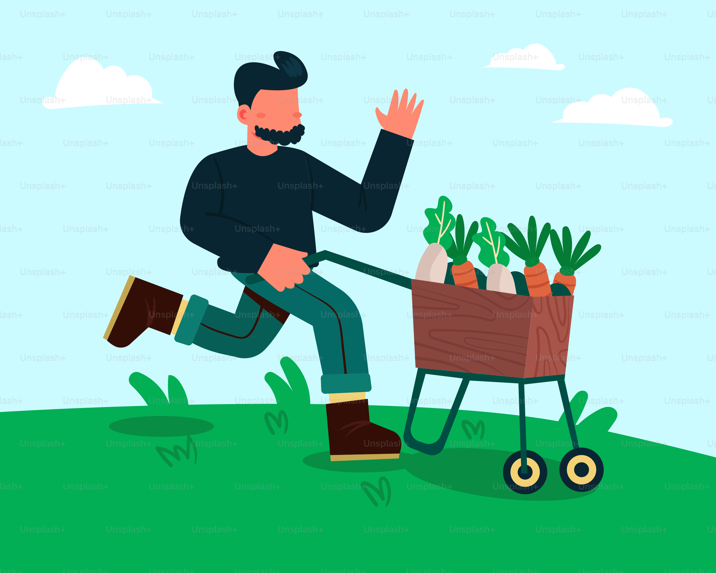 Ein Mann, der eine Schubkarre voller Pflanzen schiebt