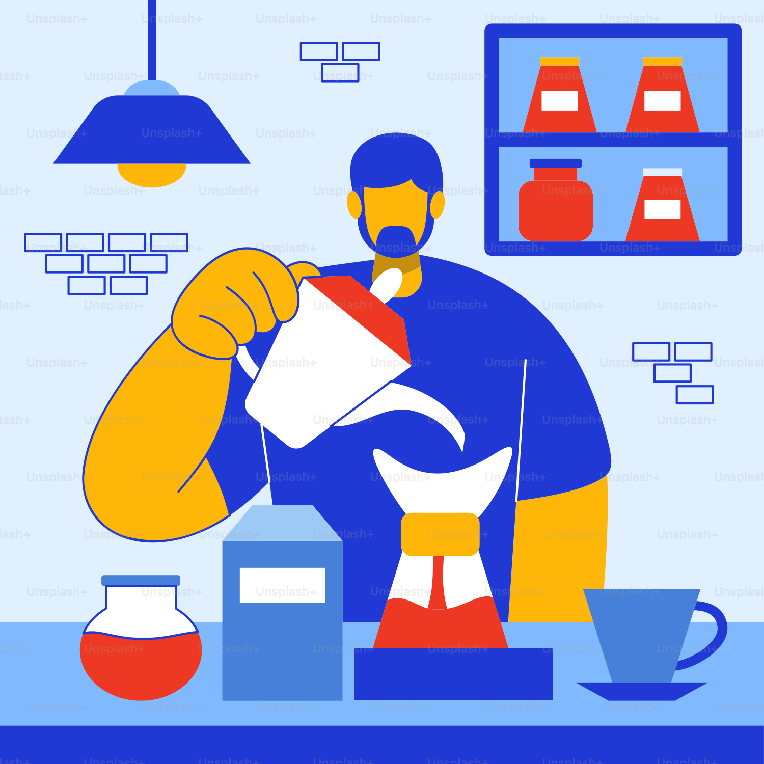 A man in a blue shirt is pouring something into a cup