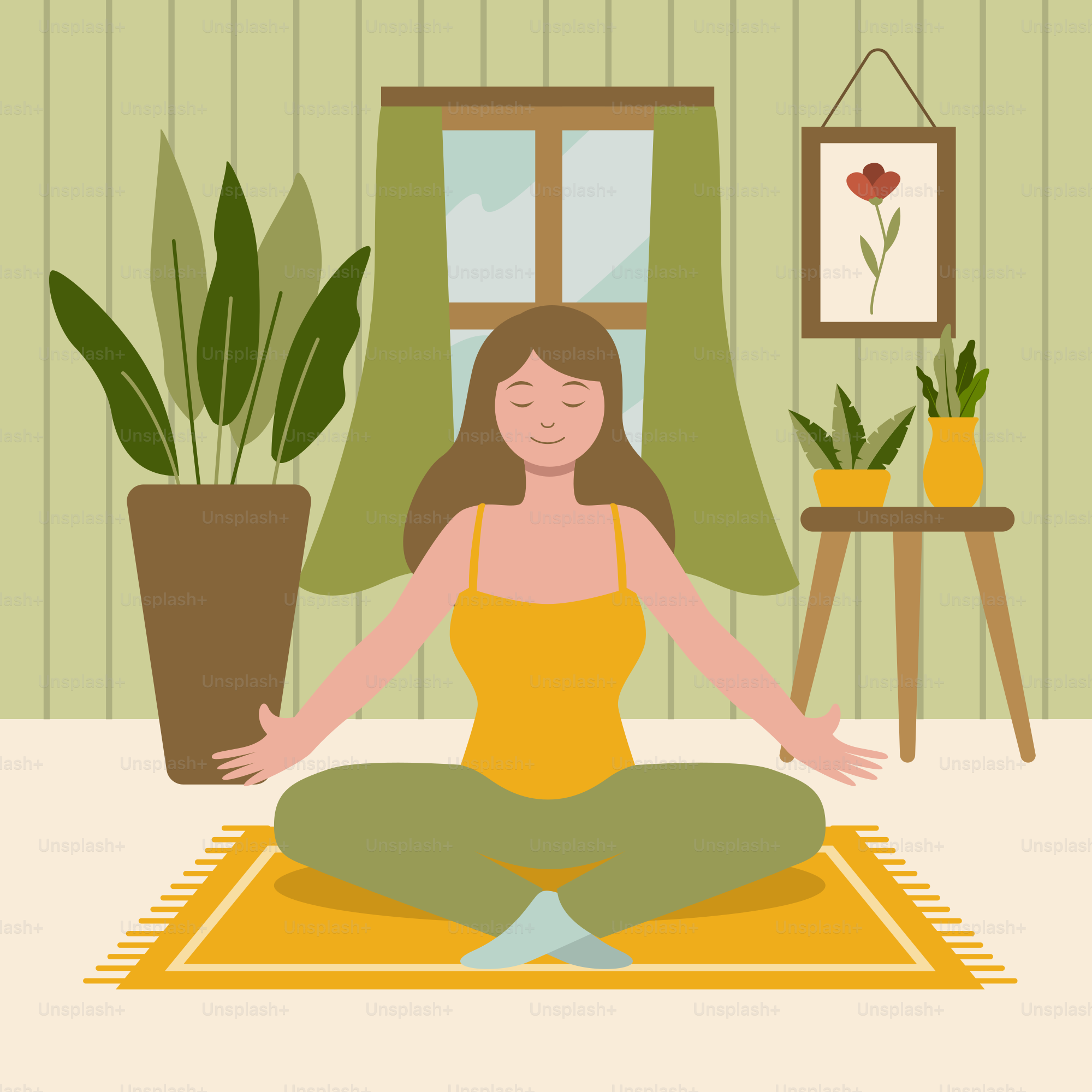 A woman is sitting in a lotus position in front of a potted plant