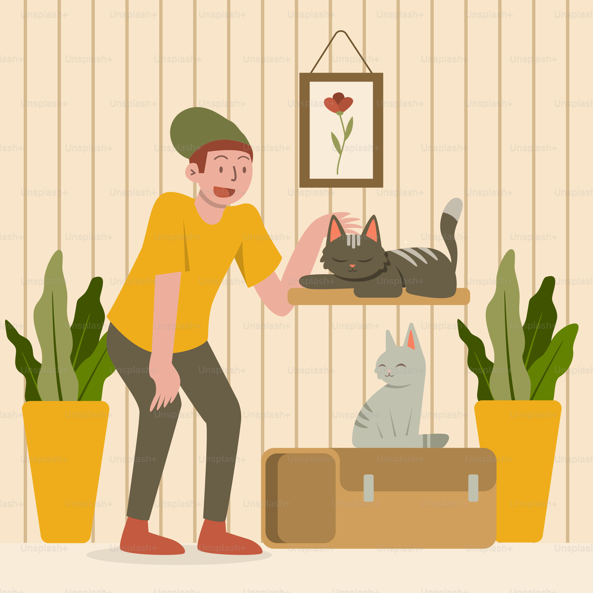 A man standing next to a cat in a living room
