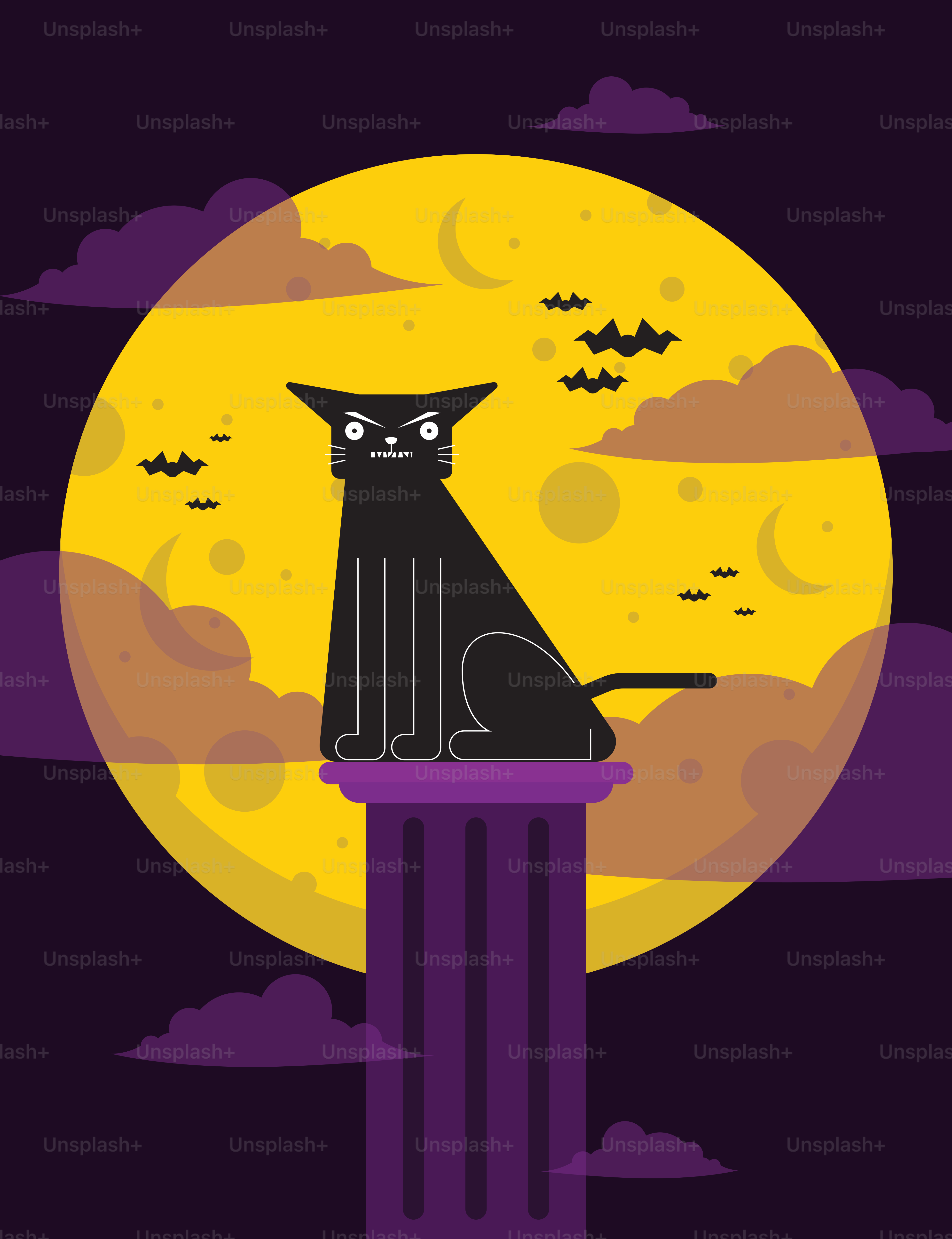 A black cat sitting on top of a pillar in front of a full moon