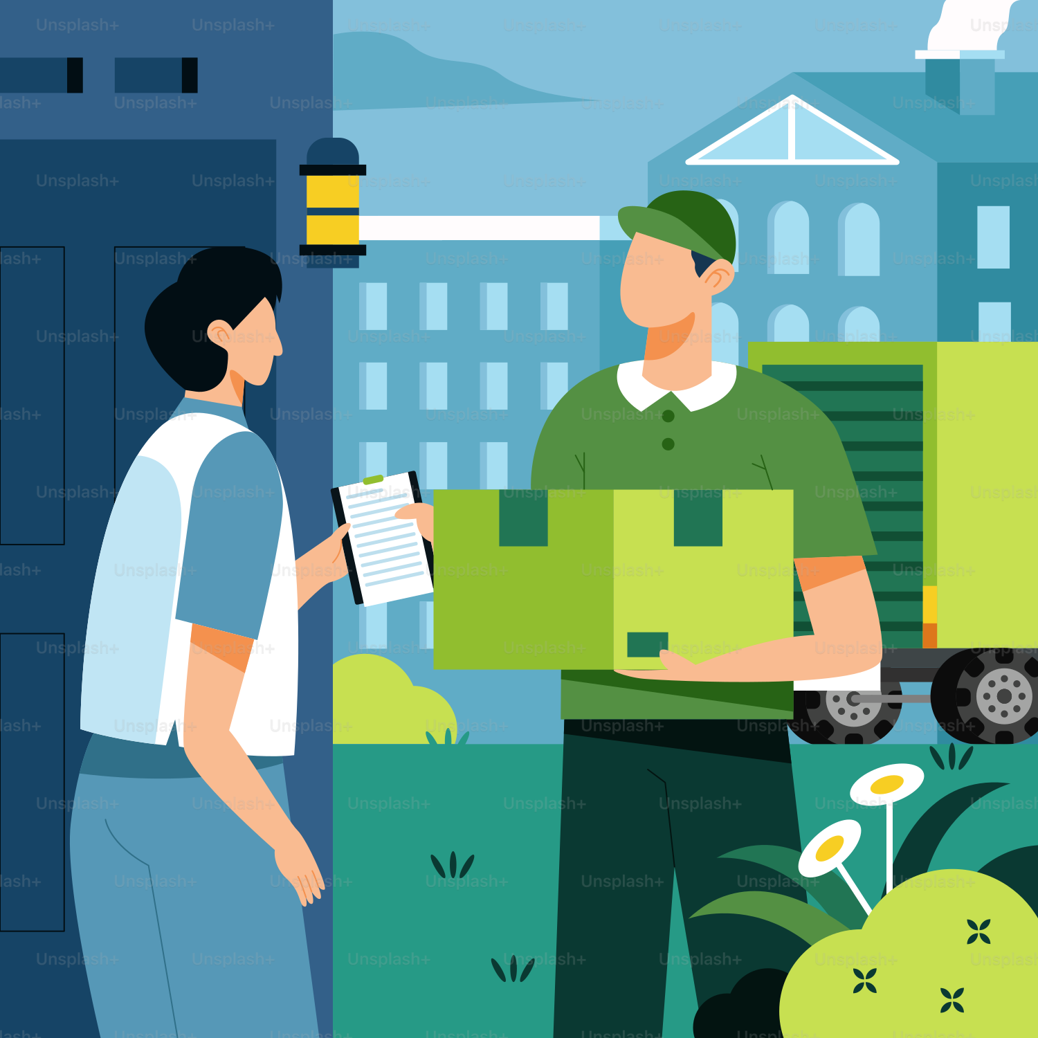 A man handing a package to a woman