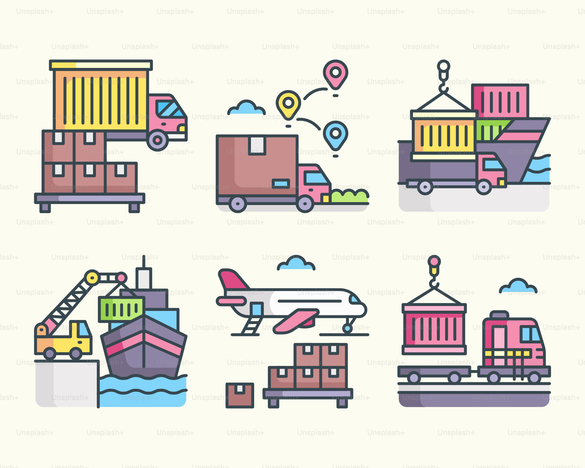 Una serie di diversi tipi di veicoli ed edifici