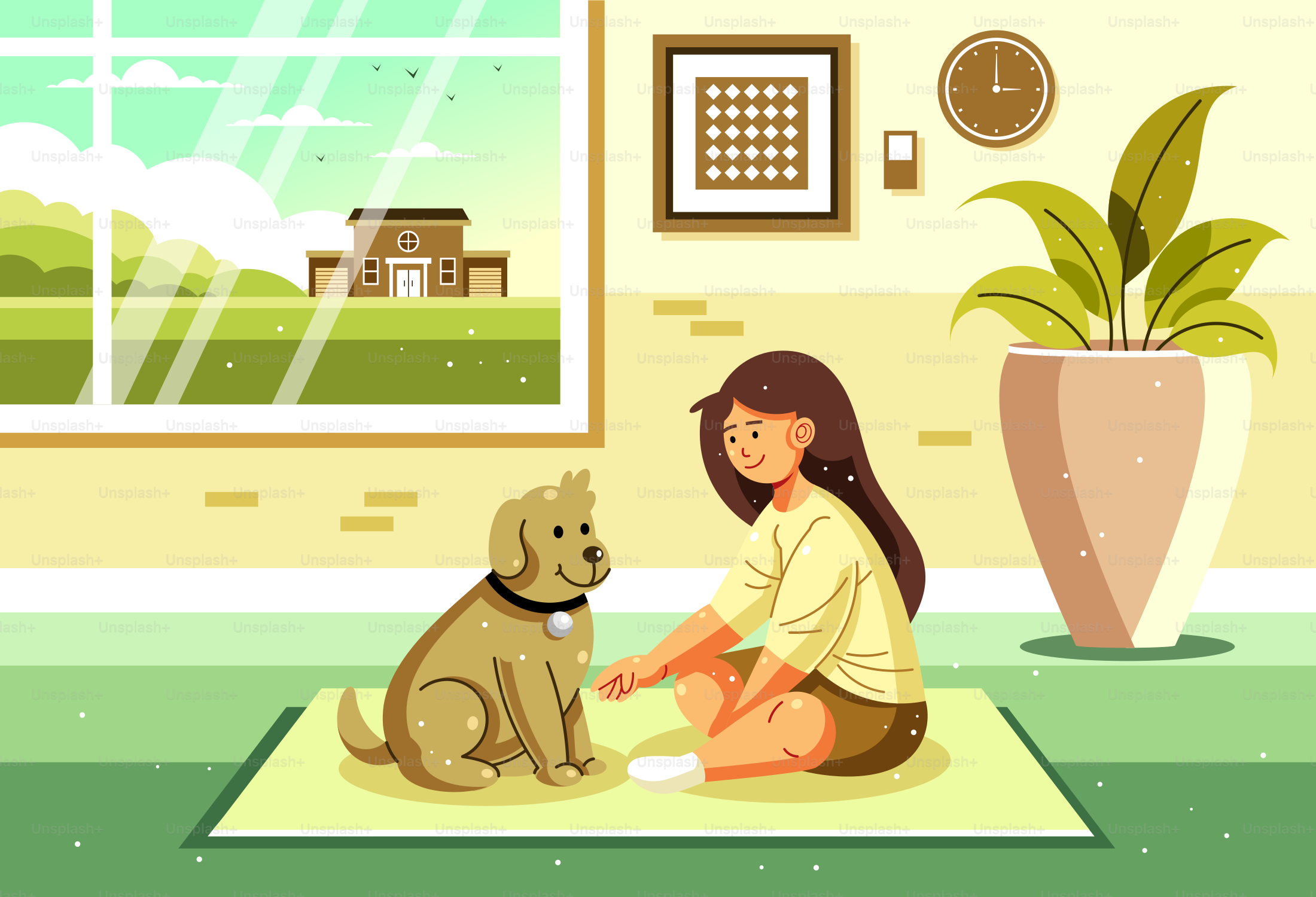 A woman sitting on a rug petting a dog