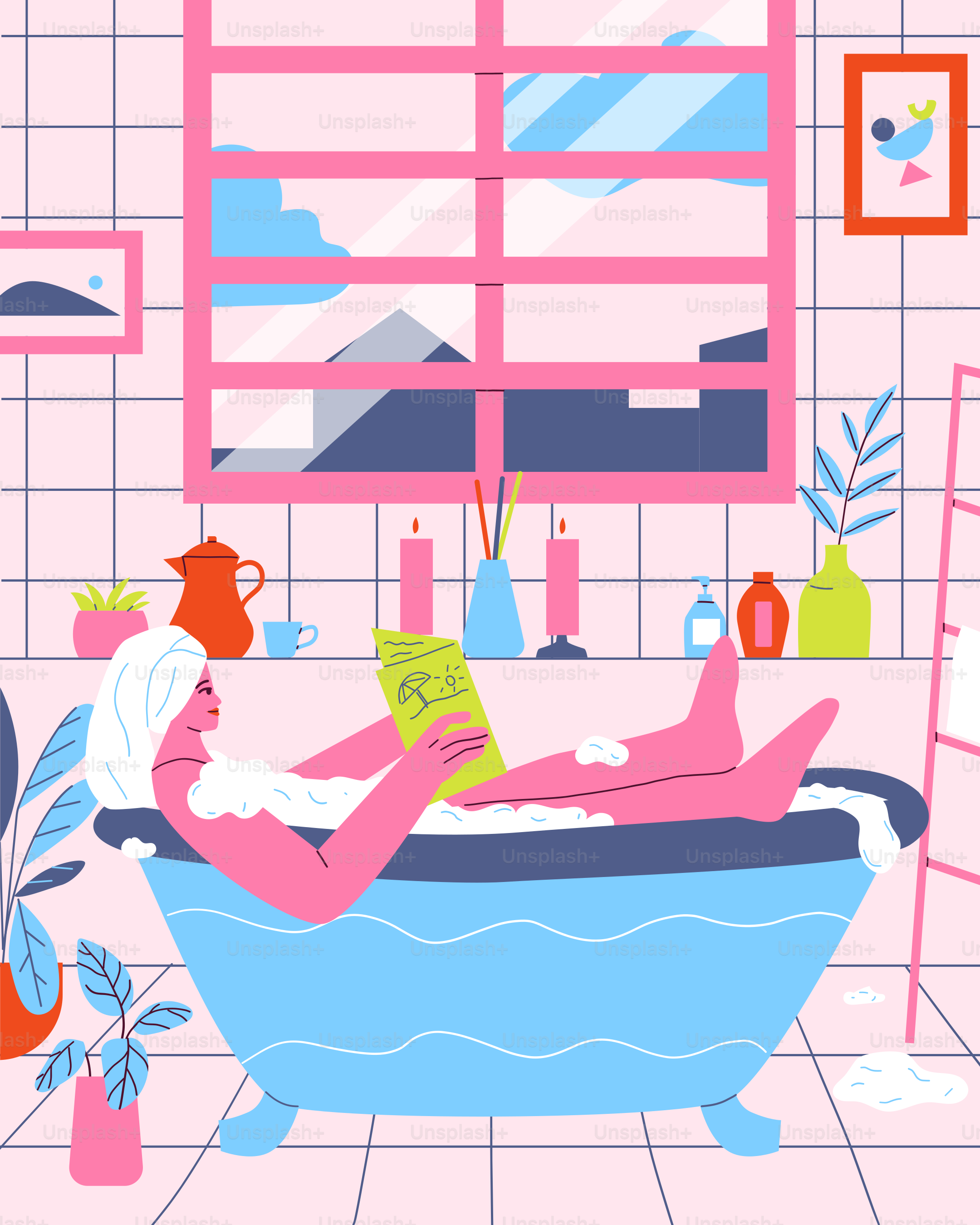 Eine Frau, die in einer Badewanne liegt und ein Buch liest