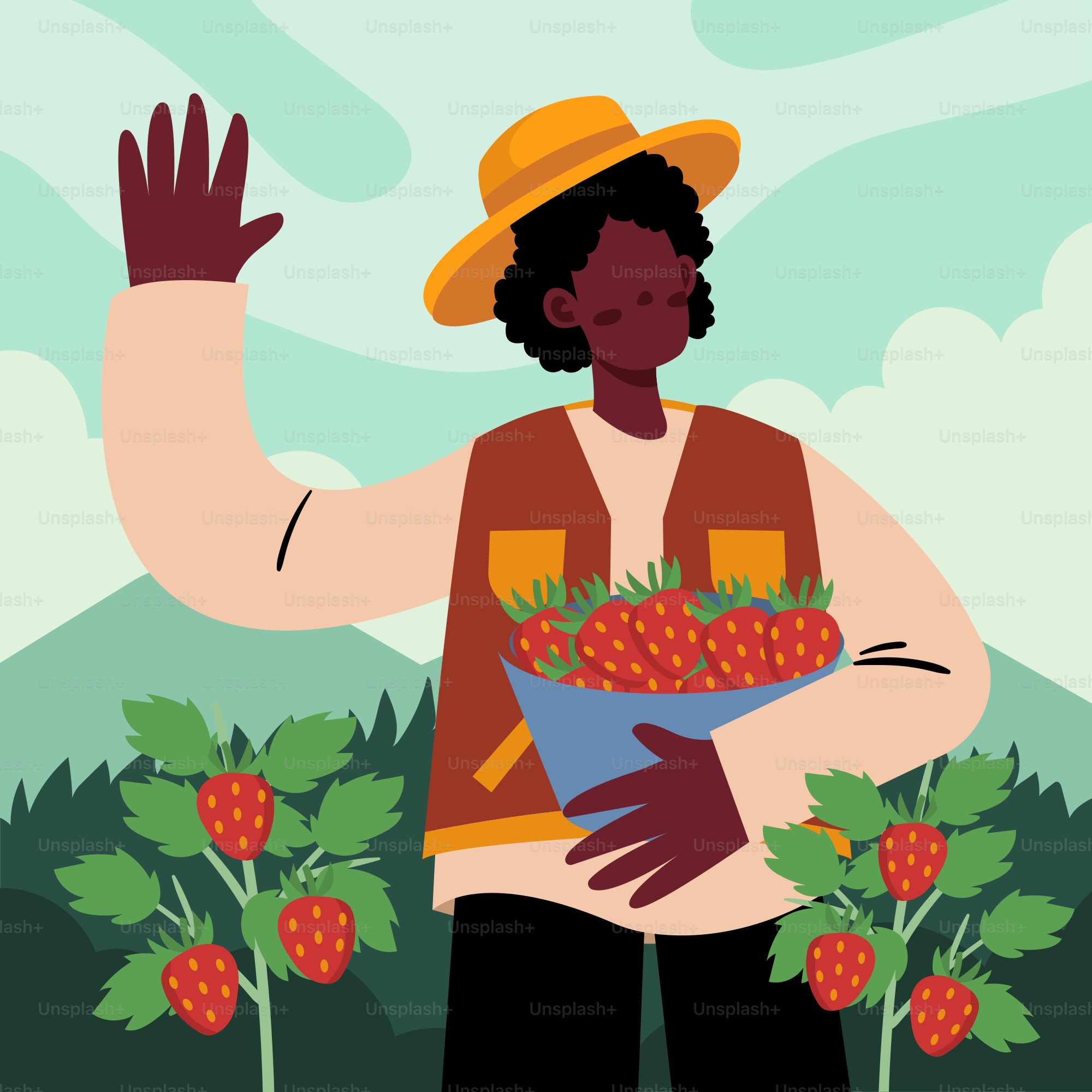 Una donna con un cappello di paglia che tiene una ciotola di fragole