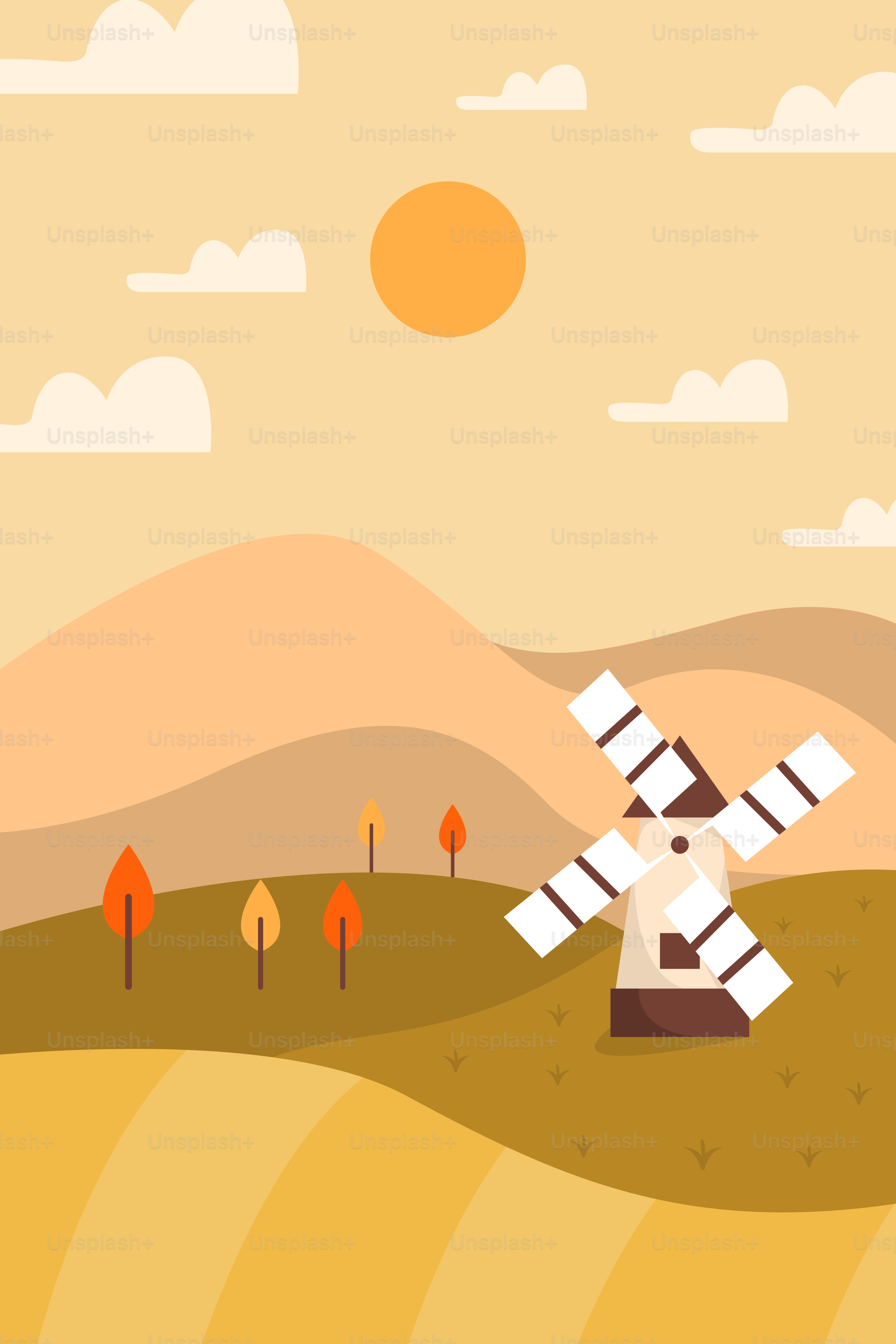 A windmill in a field with mountains in the background