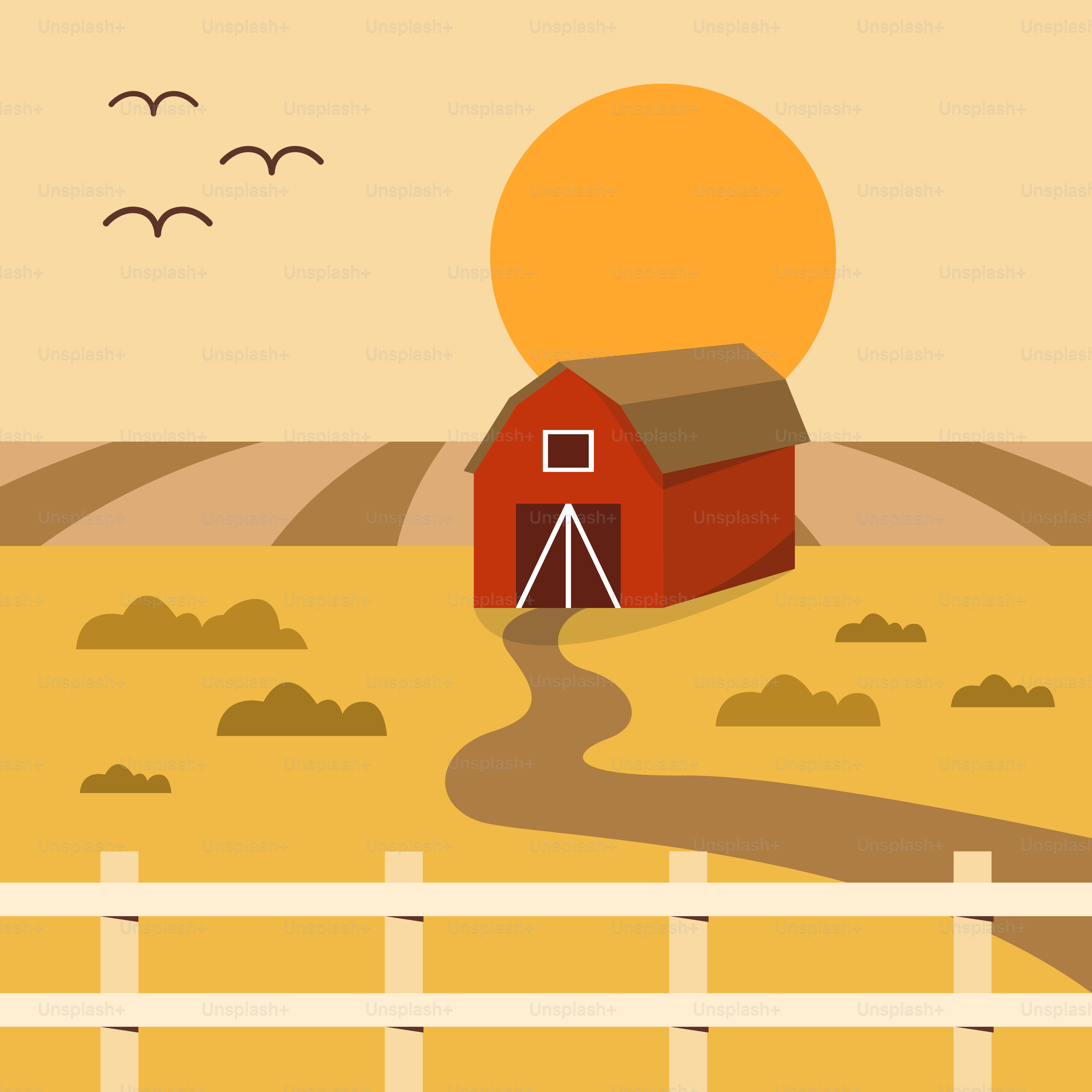 A farm scene with a red barn and a white fence