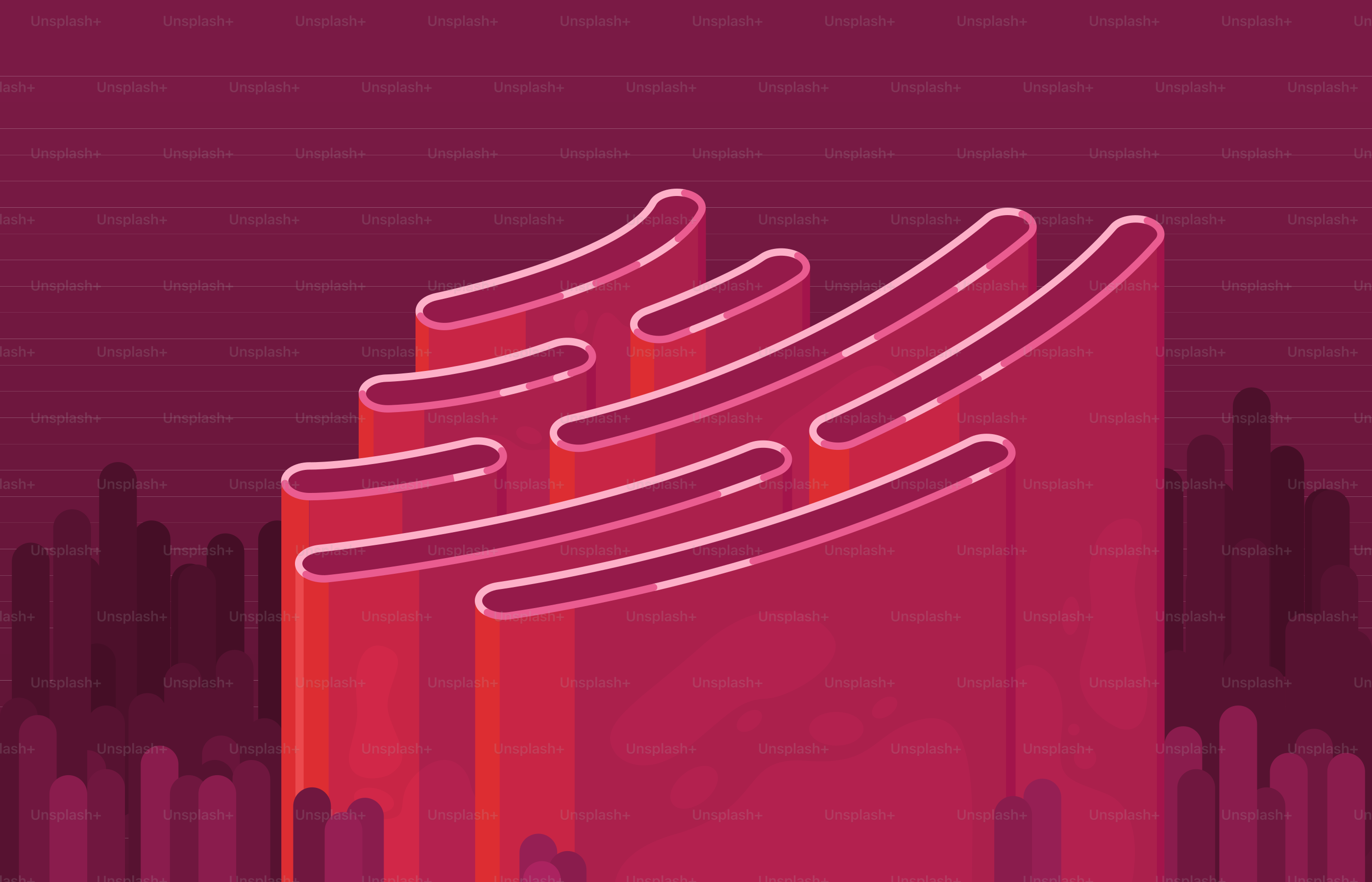 A purple and red graphic of a building