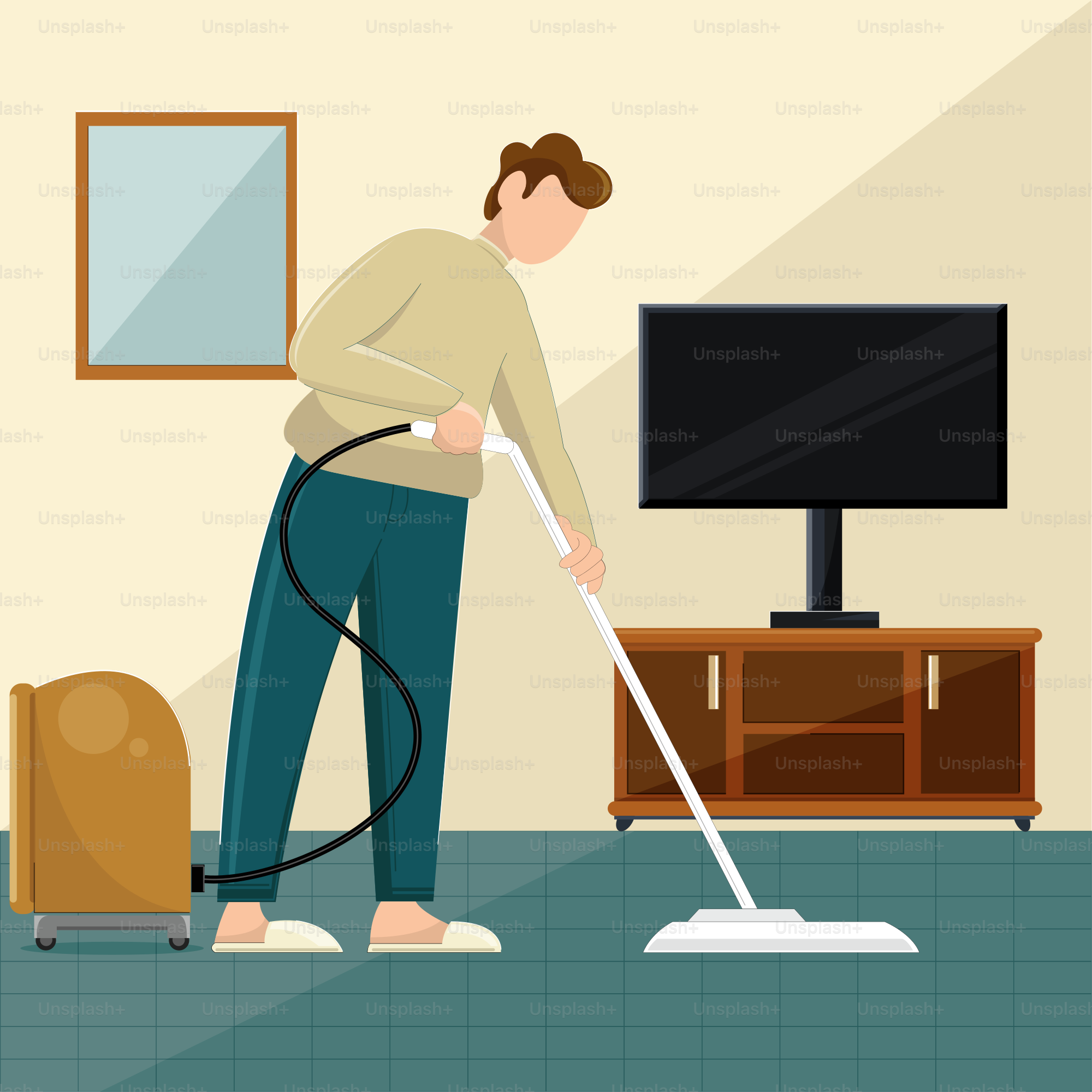 A man vacuuming the floor with a mop