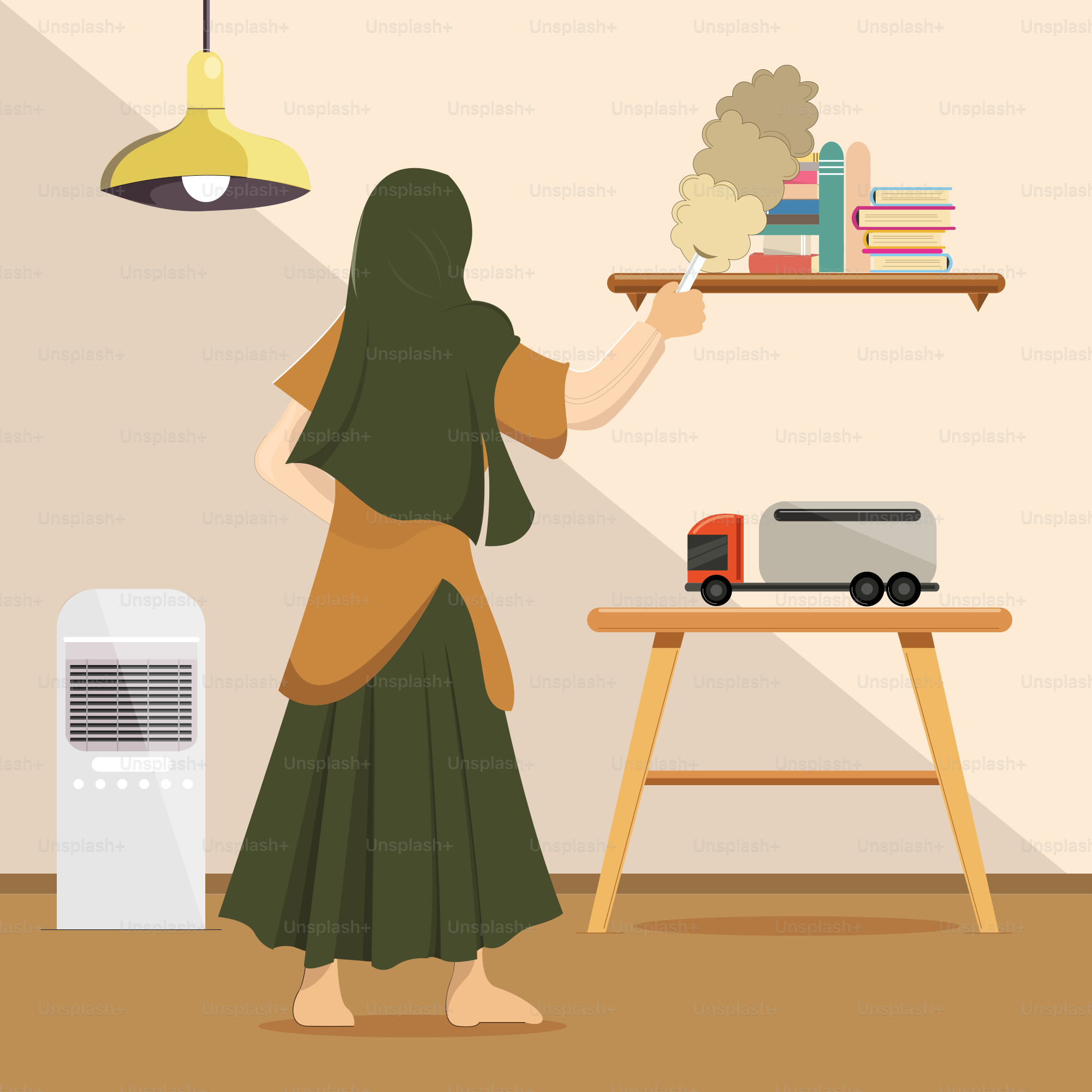A woman standing in a room with a fan