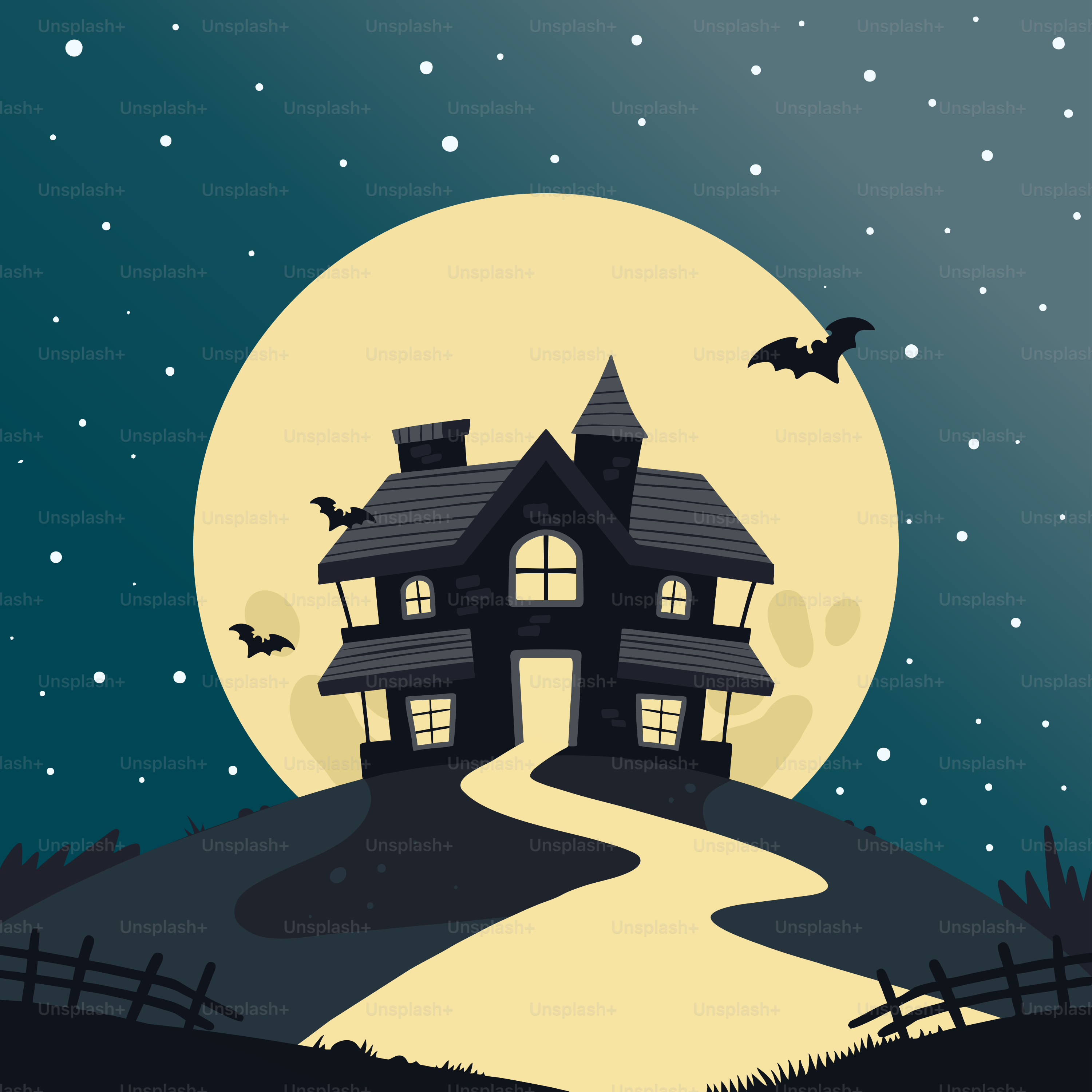 Ein Haus auf einem Hügel mit Vollmond im Hintergrund