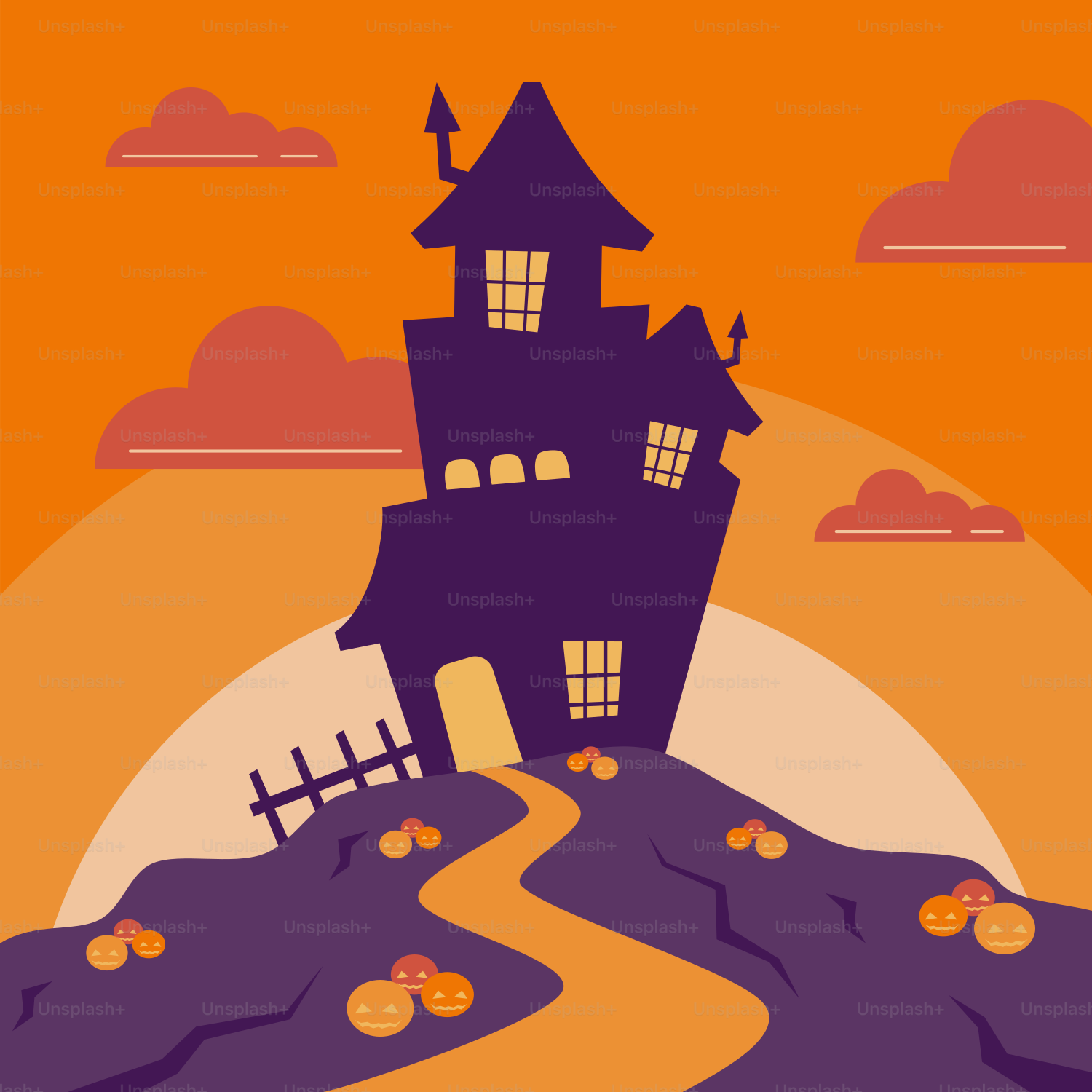 Una scena di Halloween con una casa su una collina