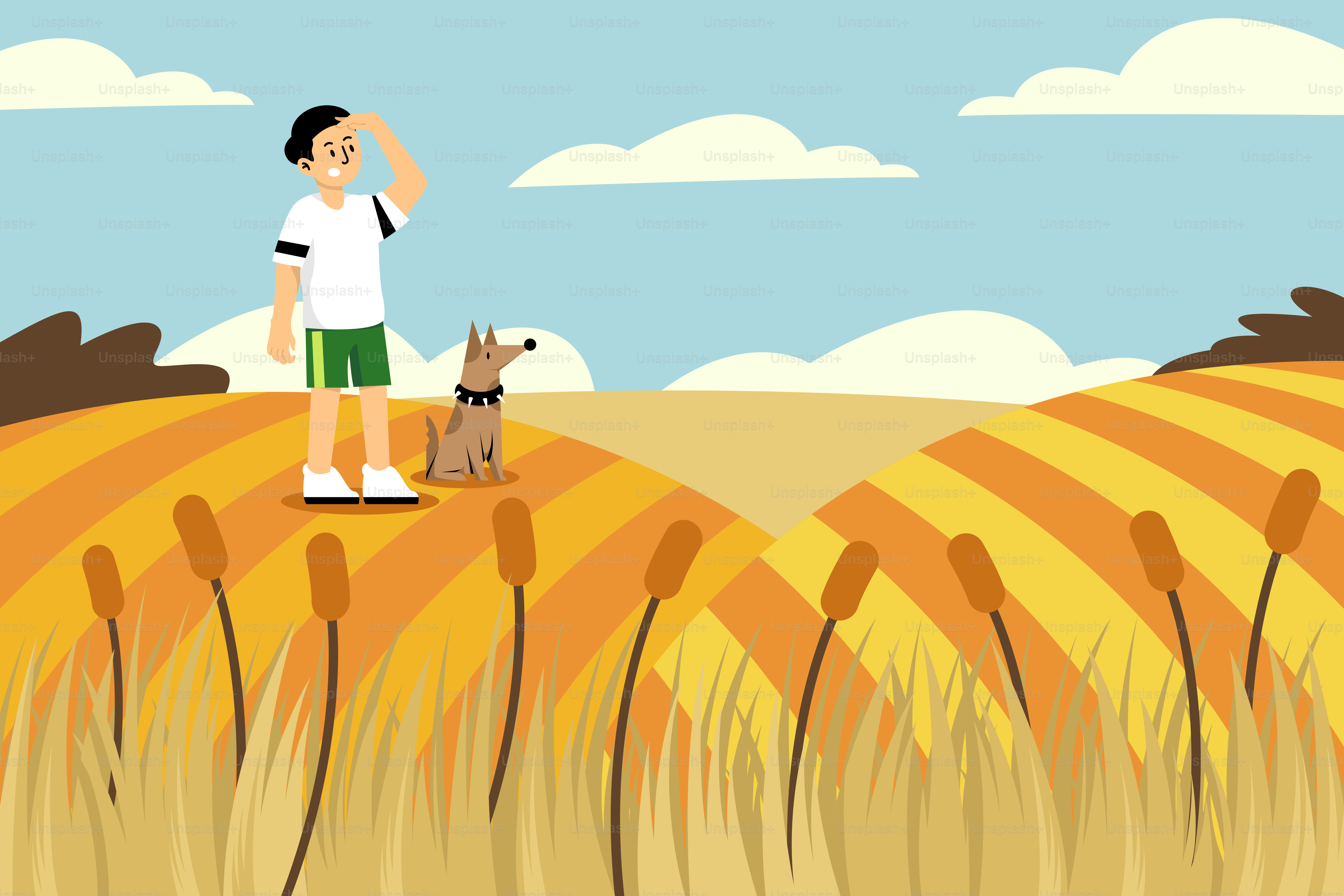 Ein Mann, der neben einem Hund auf einem Feld steht